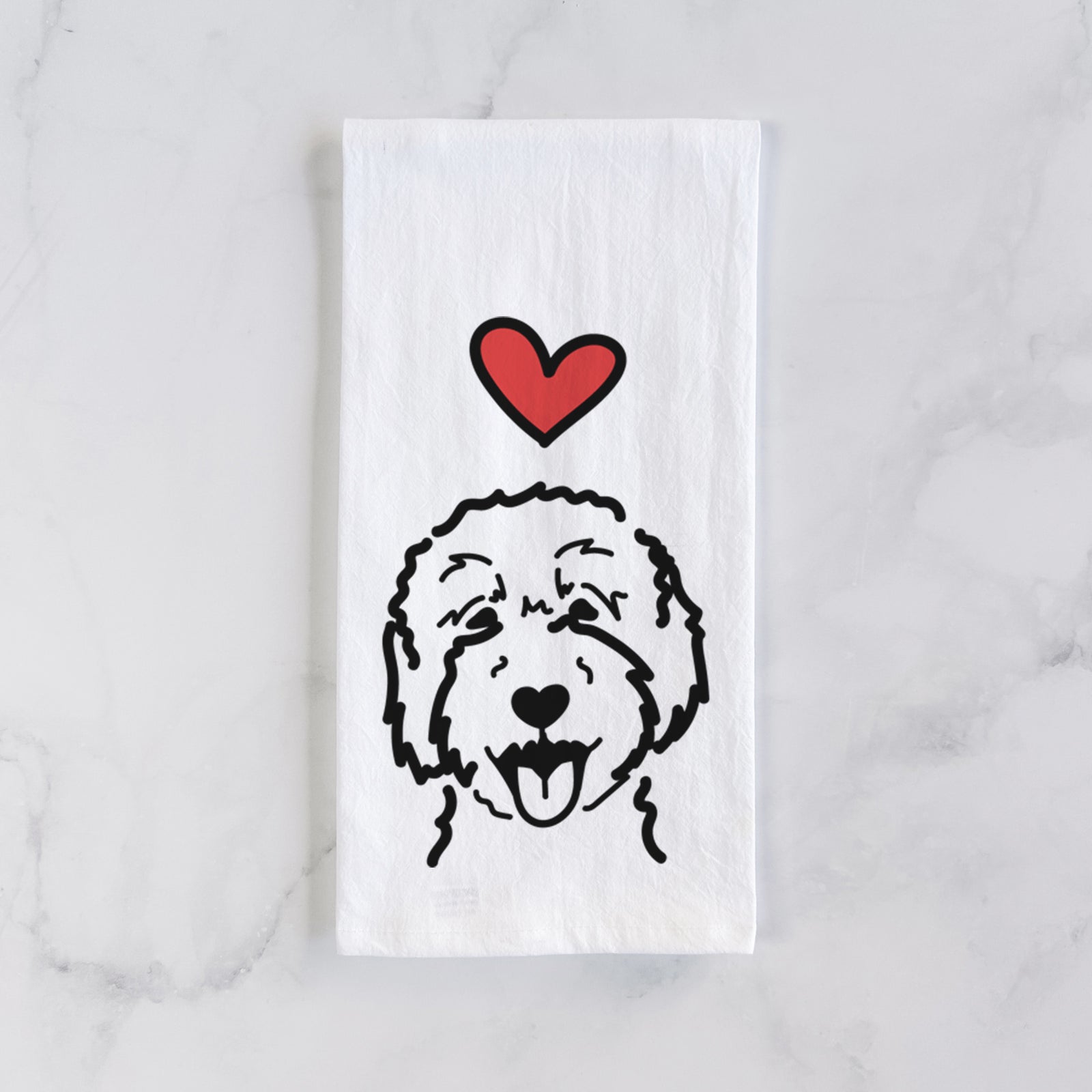 Minimalist line drawing of a Goldendoodle 2 with a red heart on a tea towel