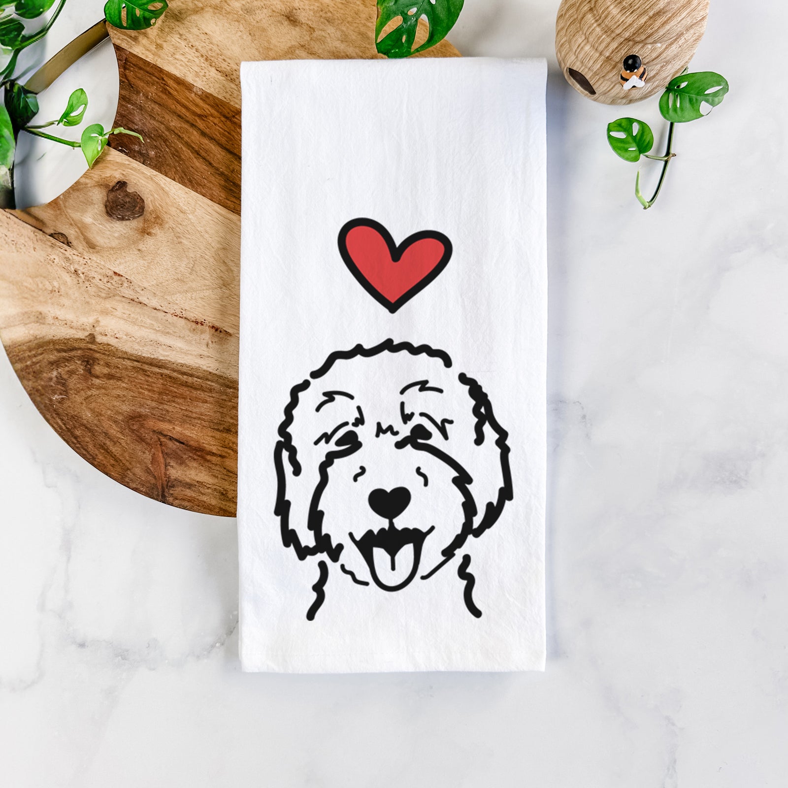 Minimalist line drawing of a Goldendoodle 2 with a red heart on a tea towel