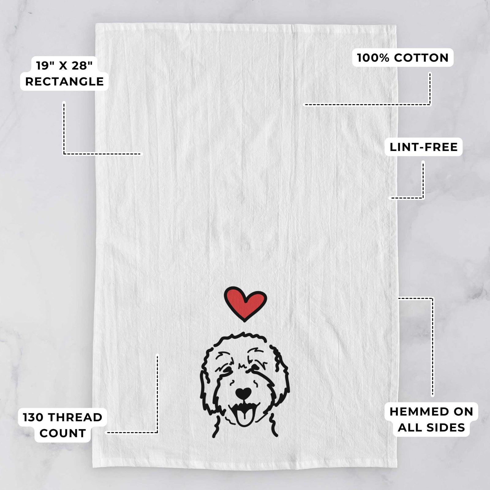 Minimalist line drawing of a Goldendoodle 2 with a red heart on a tea towel, with feature callouts: 19 x 28 inch rectangle, 100% cotton, lint-free, 120 thread count, hemmed on all sides