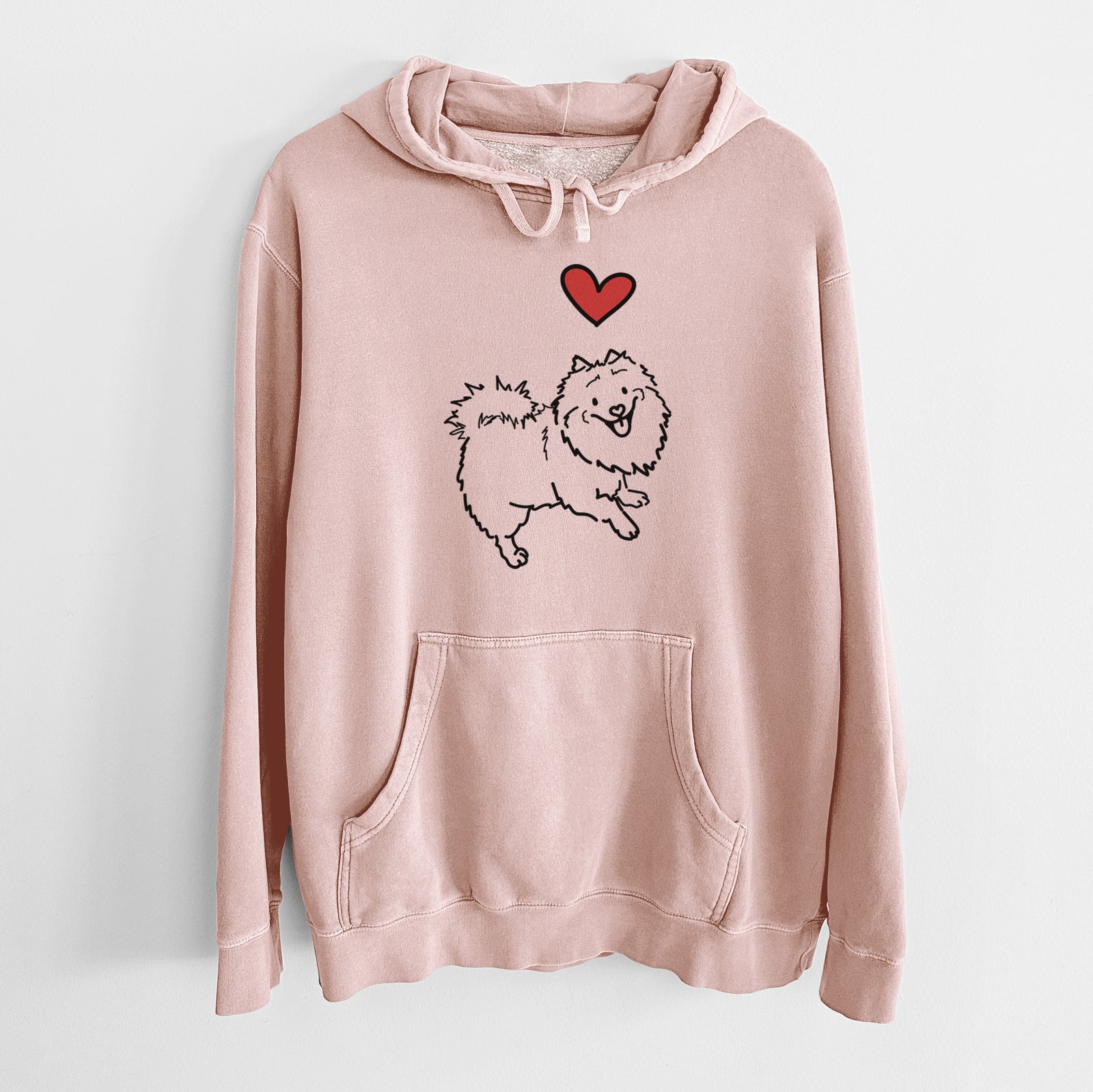 Minimalist line drawing of Goldie the Pomeranian Mix with a red heart on a Dusty Pink Unisex pigment dyed hoodie