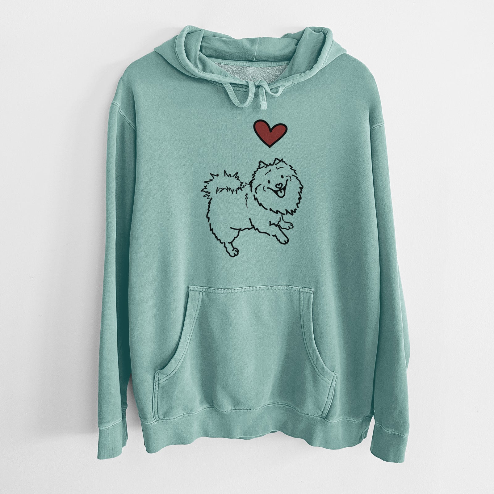 Minimalist line drawing of Goldie the Pomeranian Mix with a red heart on a Mint Unisex pigment dyed hoodie
