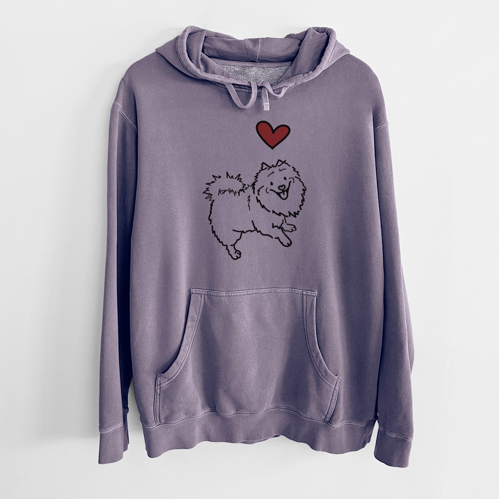 Minimalist line drawing of Goldie the Pomeranian Mix with a red heart on a Plum Unisex pigment dyed hoodie