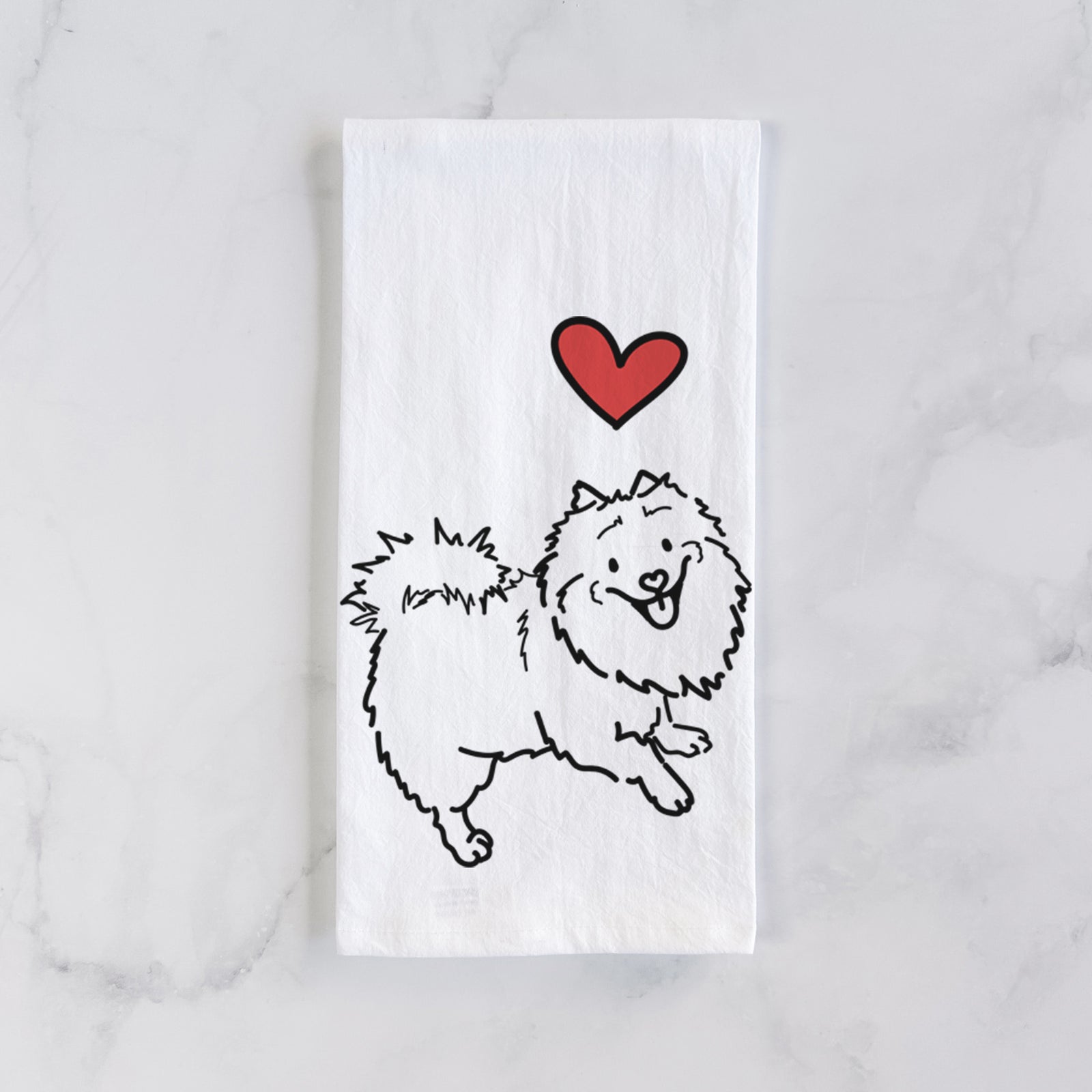 Minimalist line drawing of Goldie the Pomeranian Mix with a red heart on a tea towel