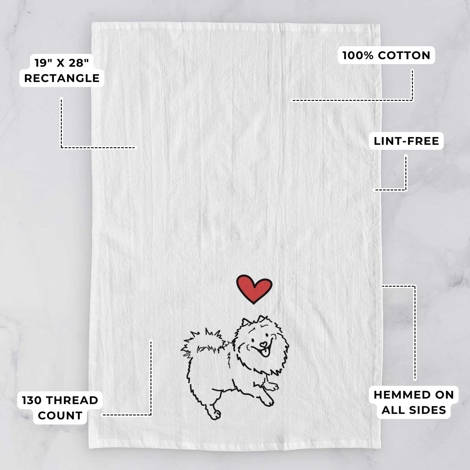 Minimalist line drawing of Goldie the Pomeranian Mix with a red heart on a tea towel, with feature callouts: 19 x 28 inch rectangle, 100% cotton, lint-free, 120 thread count, hemmed on all sides