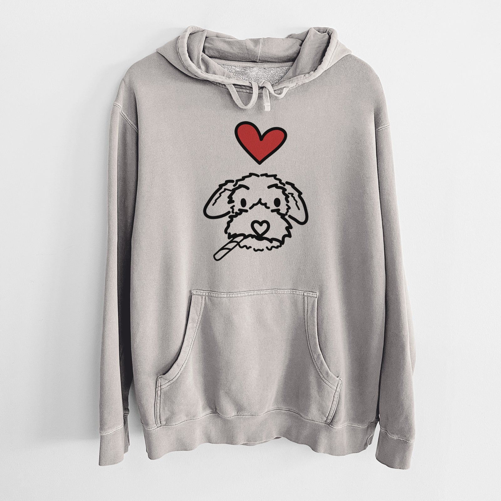 Minimalist line drawing of Gomer the Poodle Mix with a red heart on a Cement Unisex pigment dyed hoodie