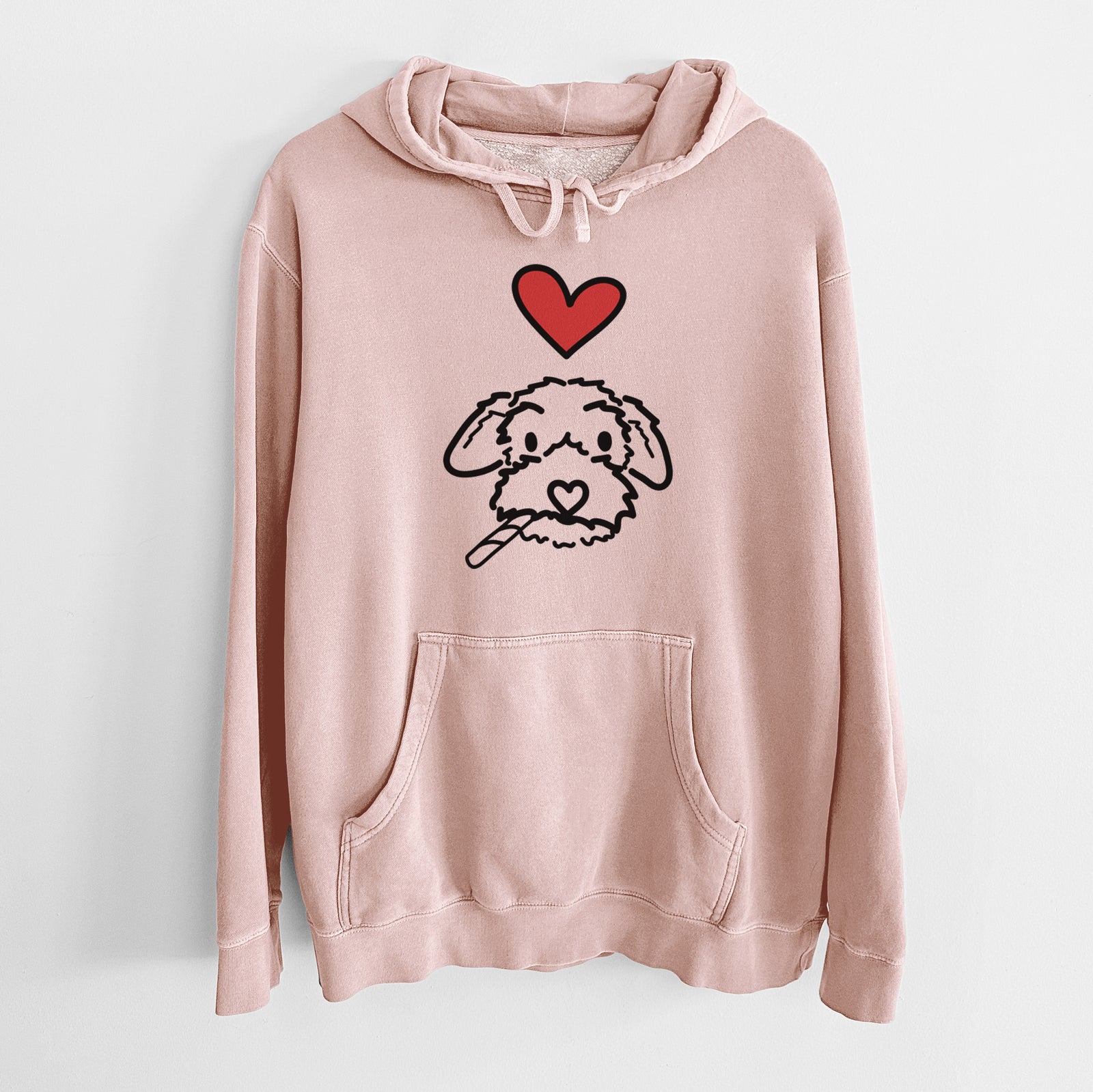 Minimalist line drawing of Gomer the Poodle Mix with a red heart on a Dusty Pink Unisex pigment dyed hoodie