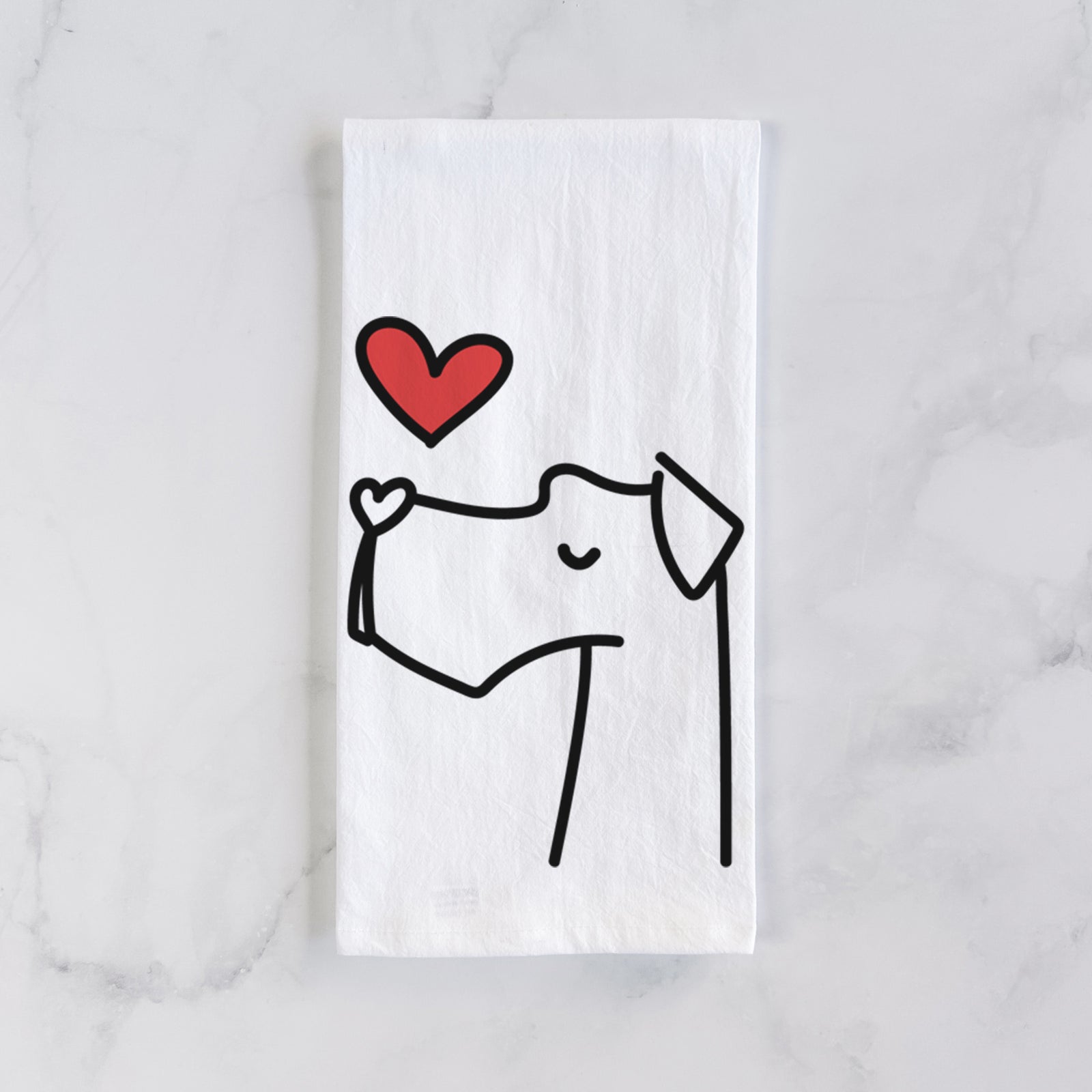 Minimalist line drawing of a Great Dane with a red heart on a tea towel