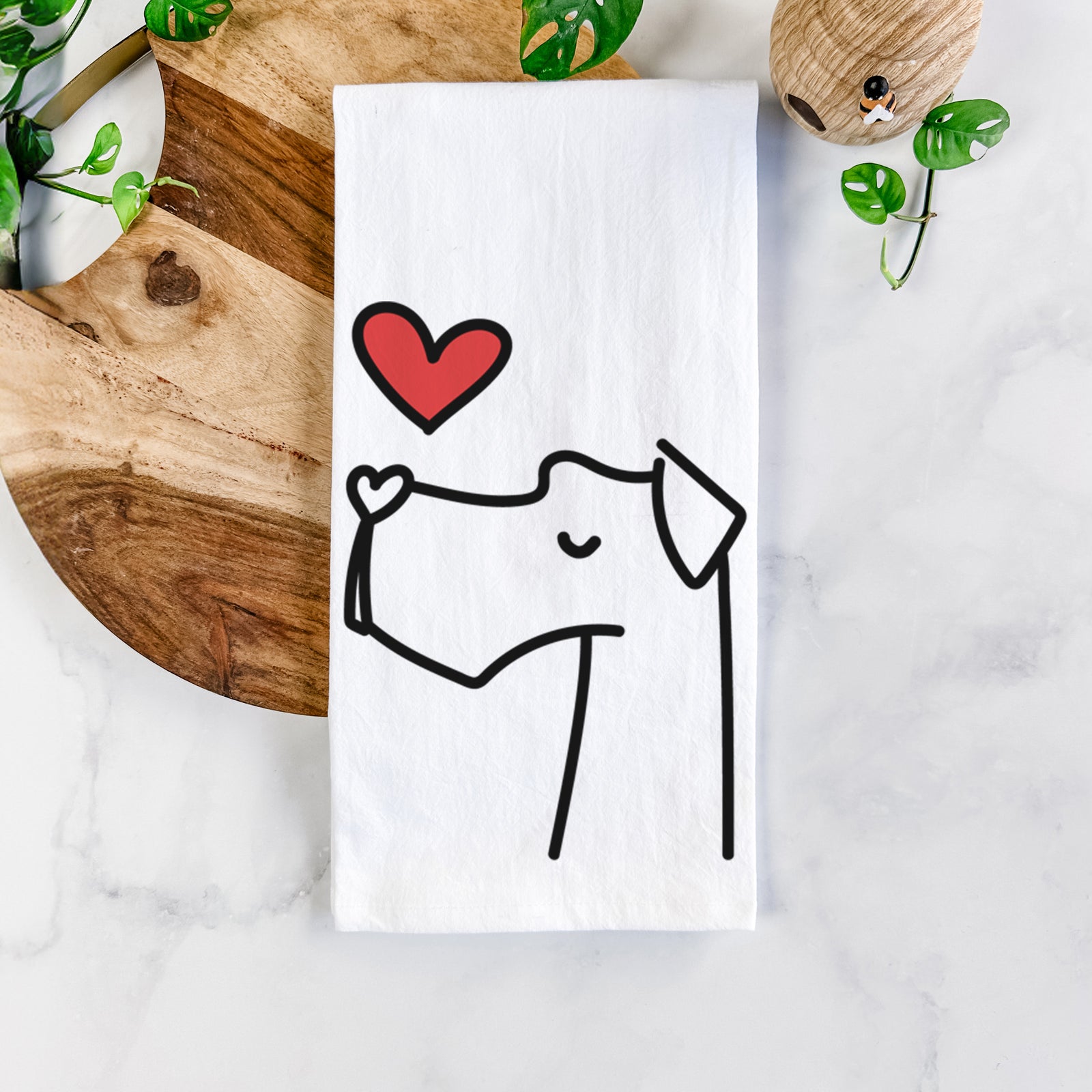 Minimalist line drawing of a Great Dane with a red heart on a tea towel