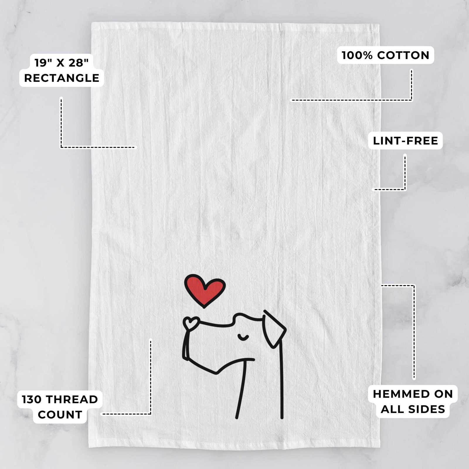 Minimalist line drawing of a Great Dane with a red heart on a tea towel, with feature callouts: 19 x 28 inch rectangle, 100% cotton, lint-free, 120 thread count, hemmed on all sides