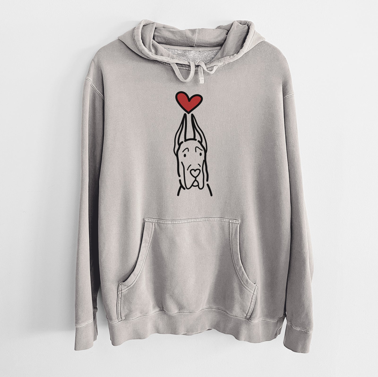 Minimalist line drawing of a Great Dane with Cropped Ears with a red heart on a Cement Unisex pigment dyed hoodie