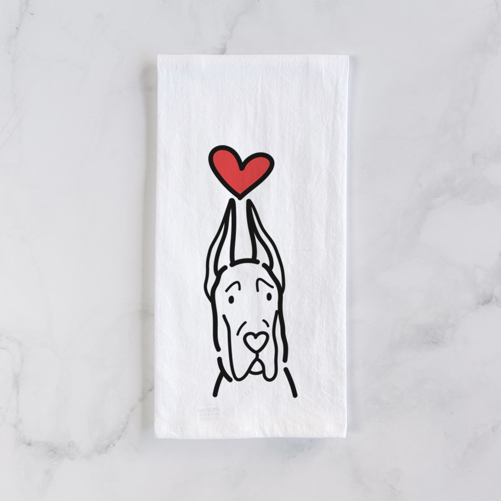 Minimalist line drawing of a Great Dane with Cropped Ears with a red heart on a tea towel