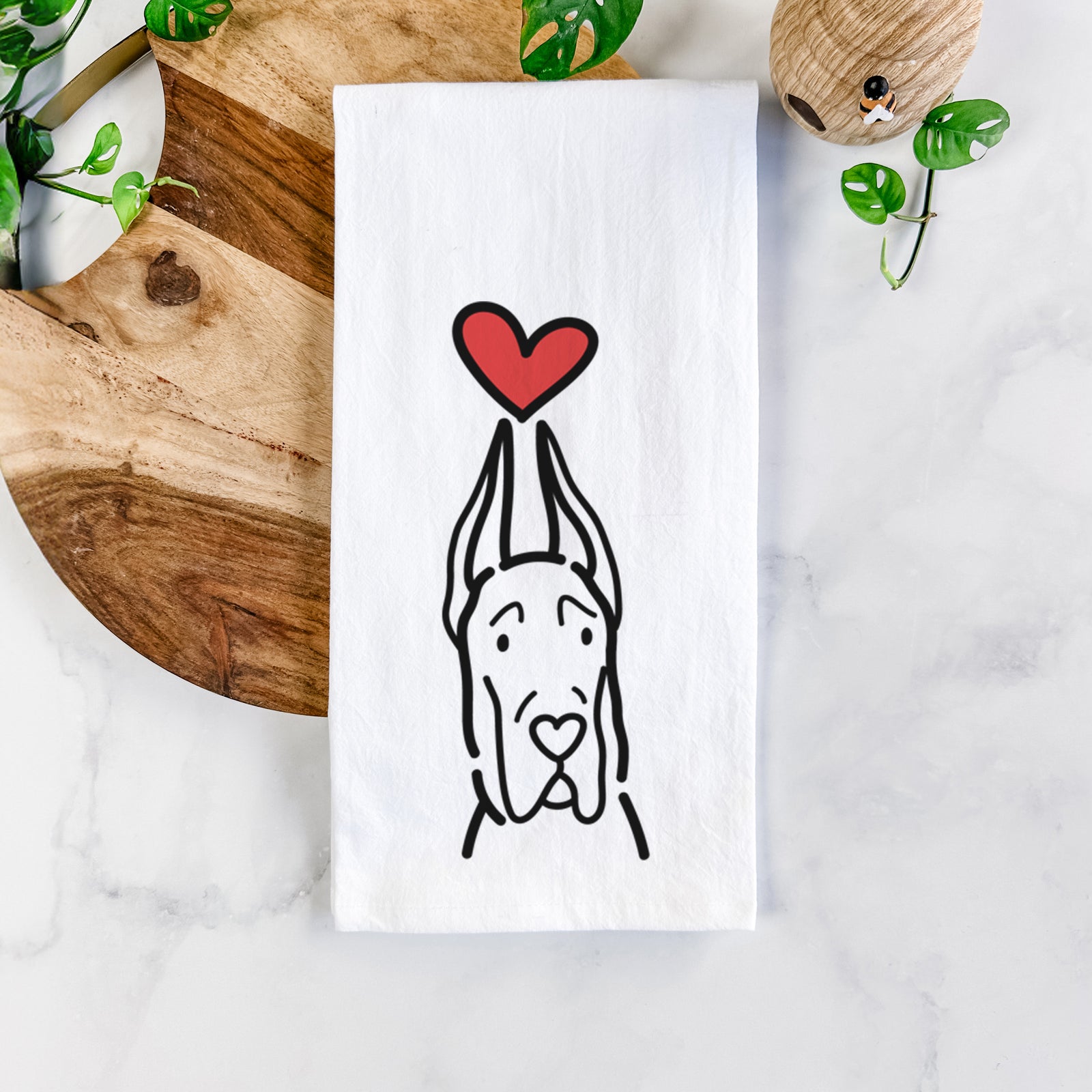 Minimalist line drawing of a Great Dane with Cropped Ears with a red heart on a tea towel