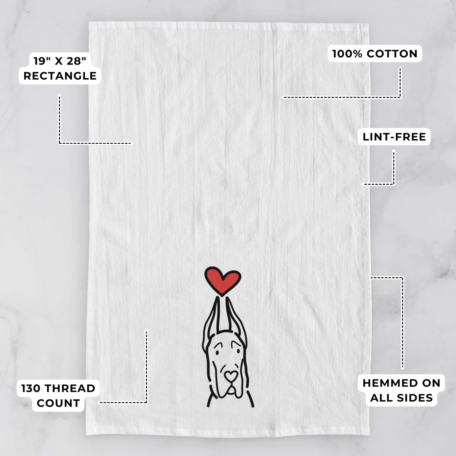 Minimalist line drawing of a Great Dane with Cropped Ears with a red heart on a tea towel, with feature callouts: 19 x 28 inch rectangle, 100% cotton, lint-free, 120 thread count, hemmed on all sides