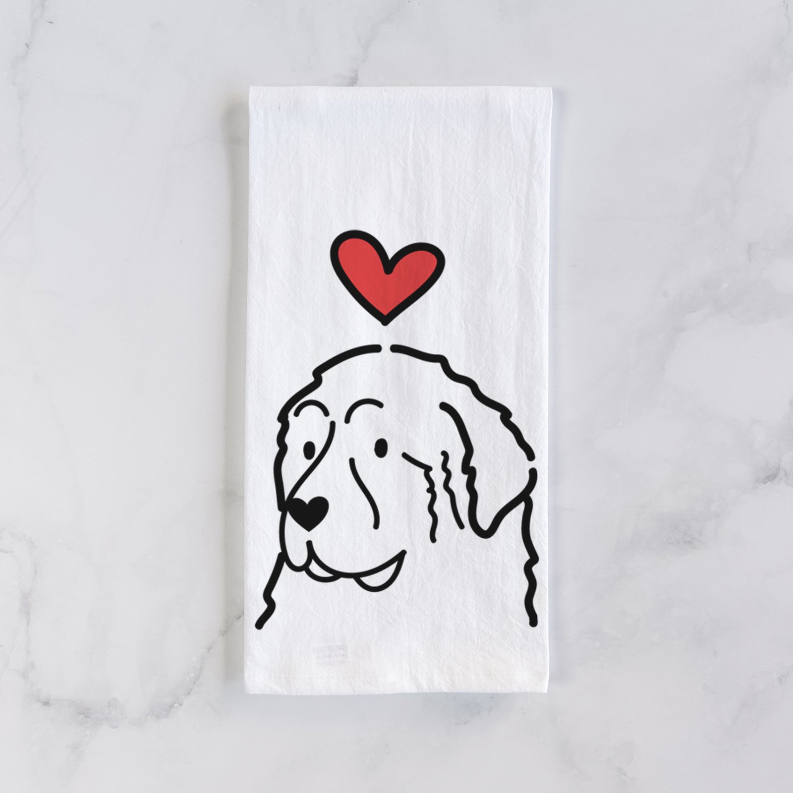 Minimalist line drawing of a Great Pyrenees with a red heart on a tea towel