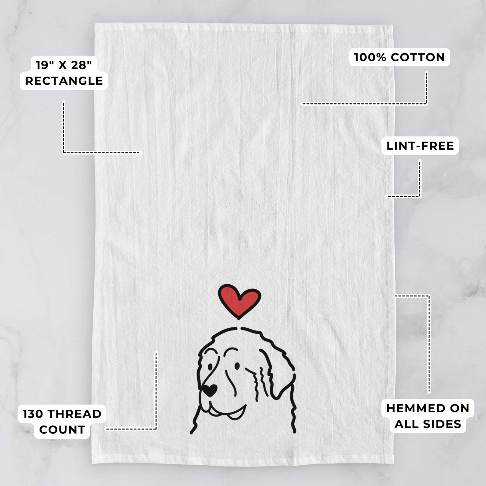 Minimalist line drawing of a Great Pyrenees with a red heart on a tea towel, with feature callouts: 19 x 28 inch rectangle, 100% cotton, lint-free, 120 thread count, hemmed on all sides