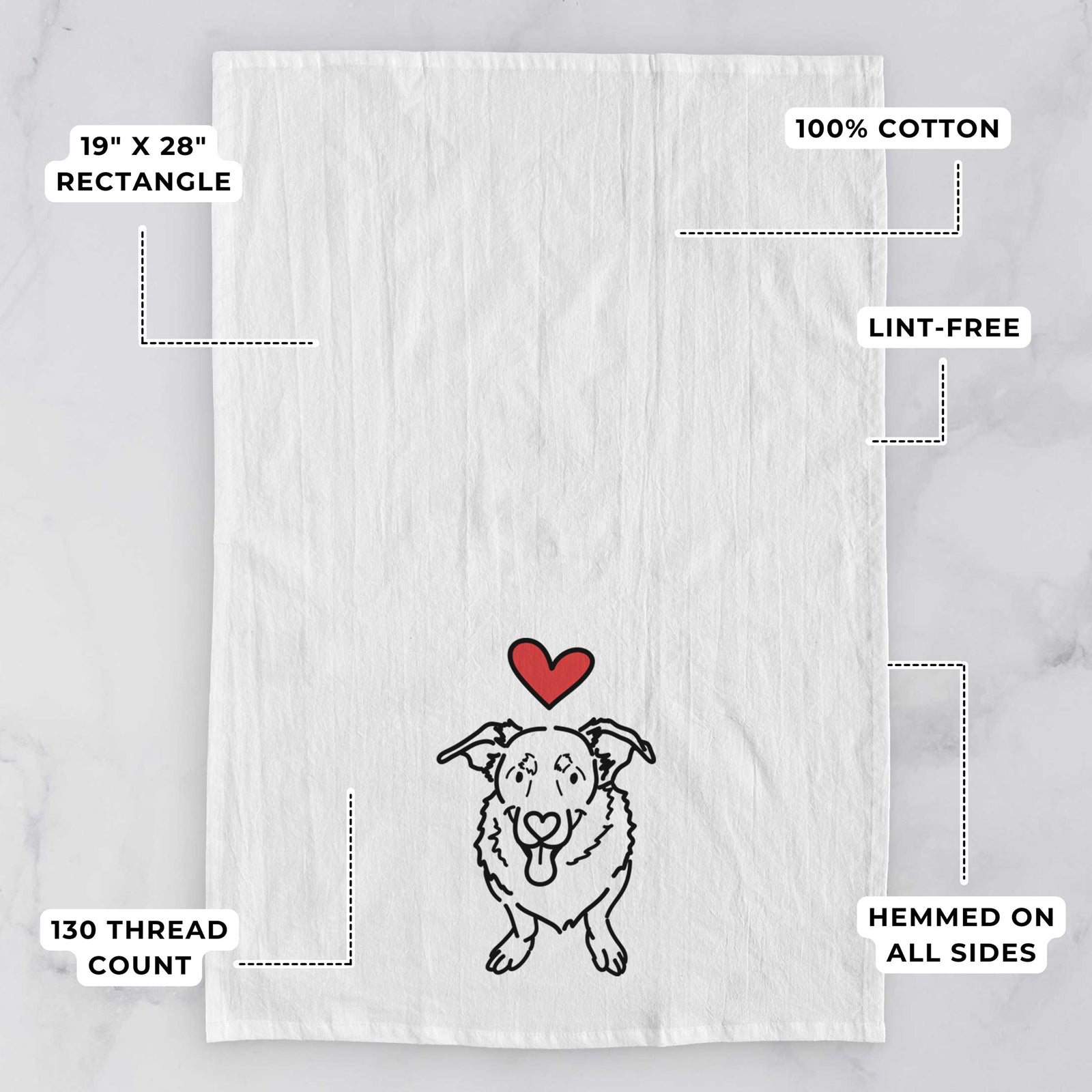 Minimalist line drawing of Gretchen the Basset Hound German Shepherd Mix with a red heart on a tea towel, with feature callouts: 19 x 28 inch rectangle, 100% cotton, lint-free, 120 thread count, hemmed on all sides