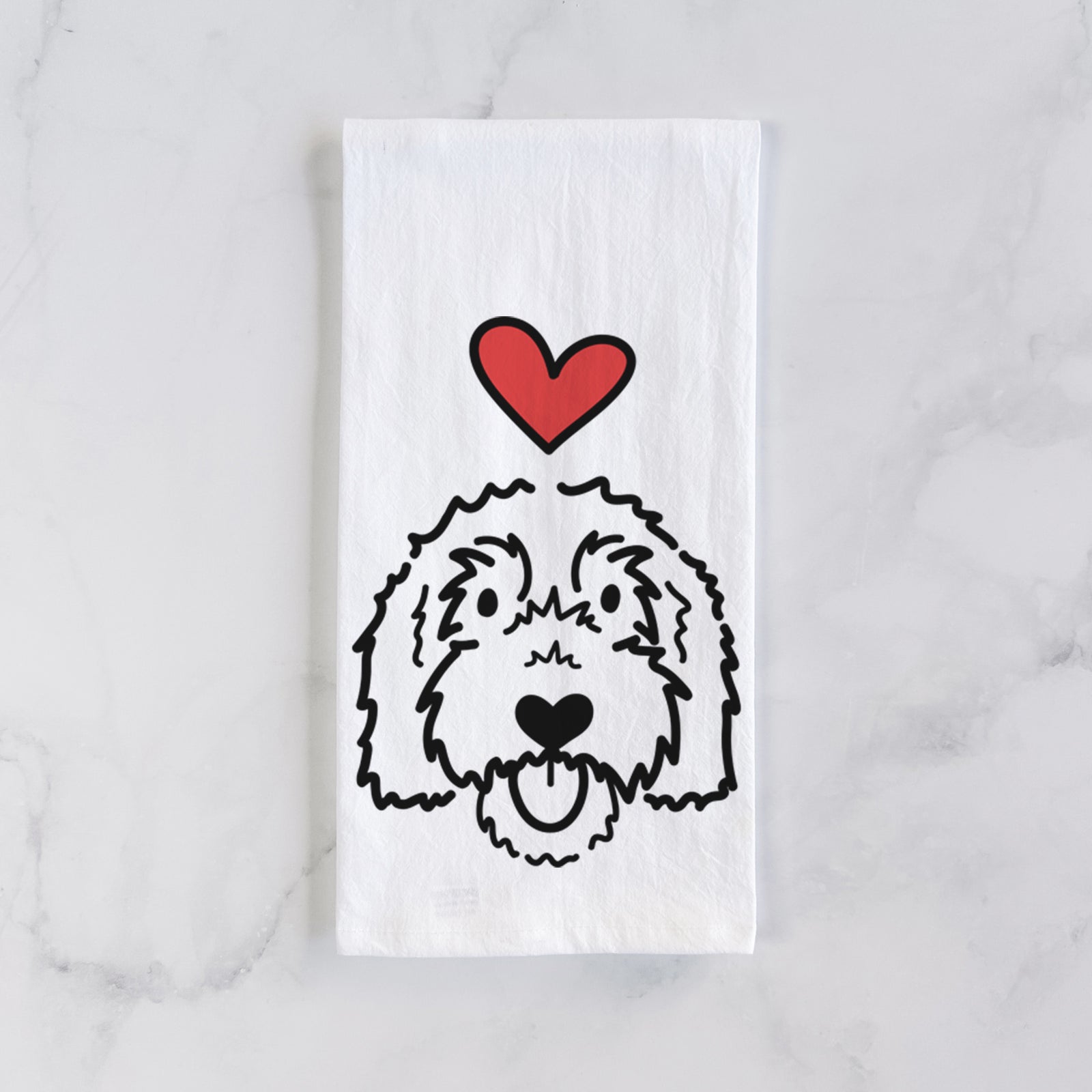Minimalist line drawing of Gus the Goldendoodle with a red heart on a tea towel