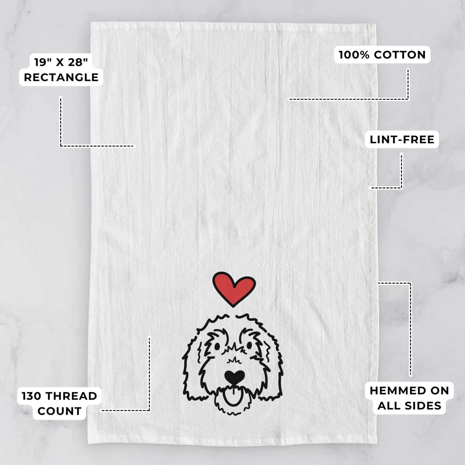 Minimalist line drawing of Gus the Goldendoodle with a red heart on a tea towel, with feature callouts: 19 x 28 inch rectangle, 100% cotton, lint-free, 120 thread count, hemmed on all sides