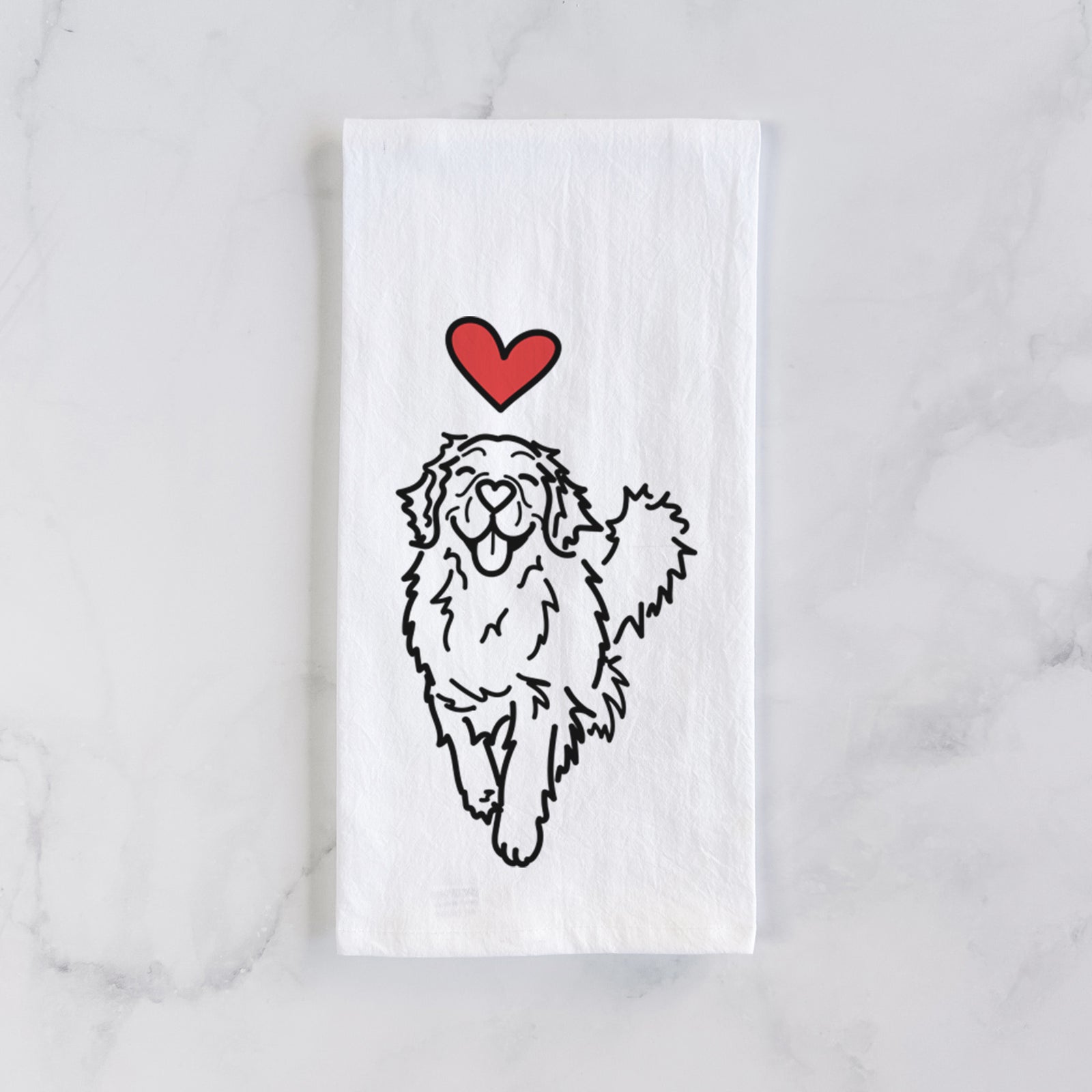 Minimalist line drawing of Hamlet the Golden Retriever with a red heart on a tea towel