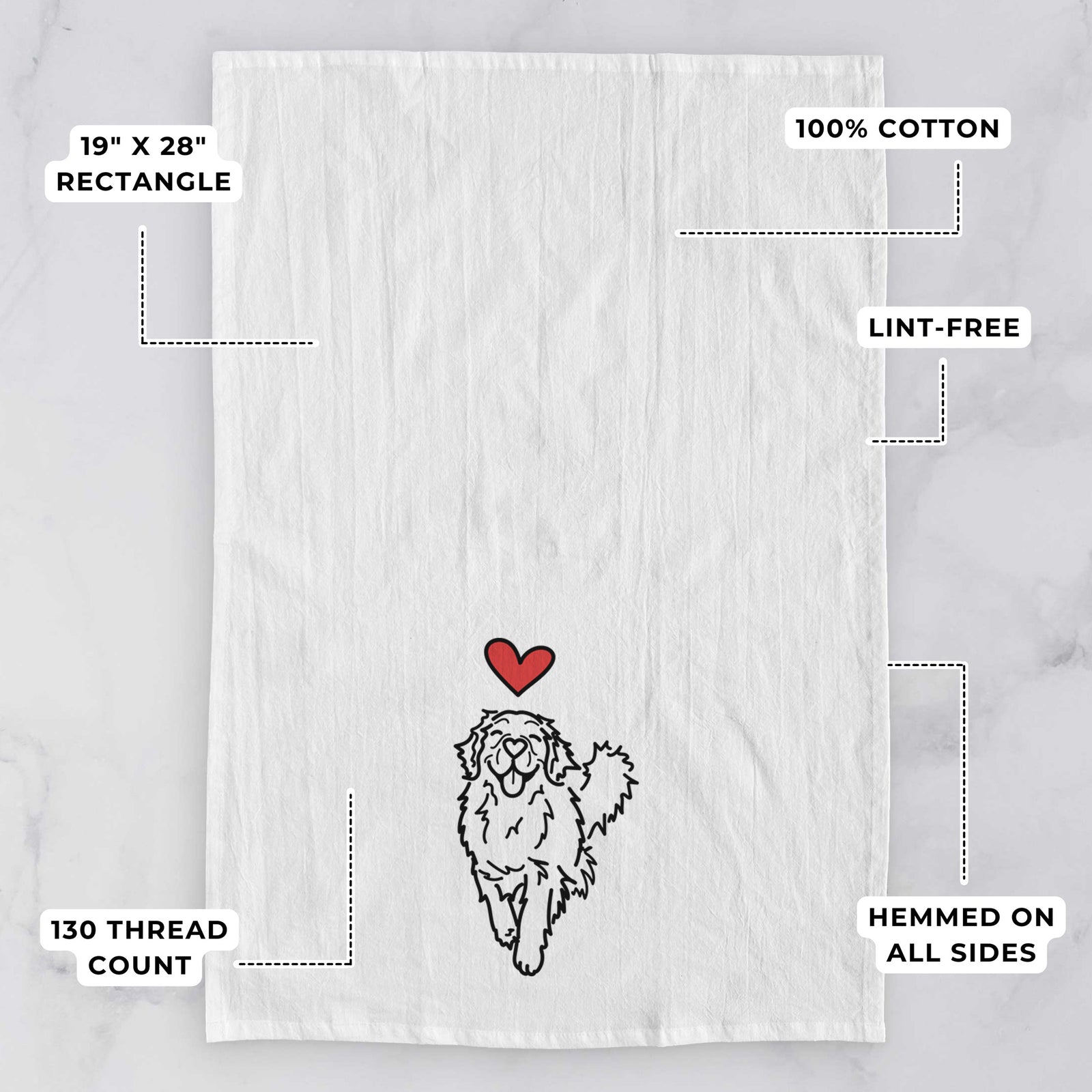 Minimalist line drawing of Hamlet the Golden Retriever with a red heart on a tea towel, with feature callouts: 19 x 28 inch rectangle, 100% cotton, lint-free, 120 thread count, hemmed on all sides