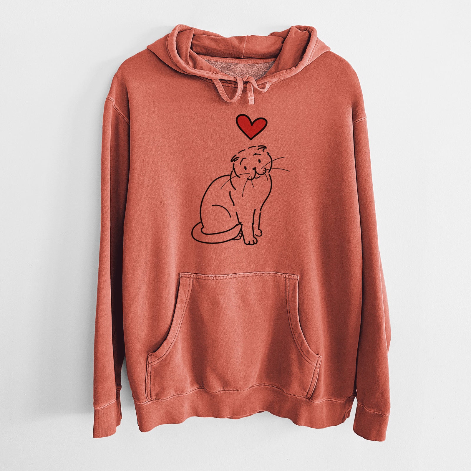 Minimalist line drawing of Hank the Scottish Fold Cat with a red heart on an Amber Unisex pigment dyed hoodie