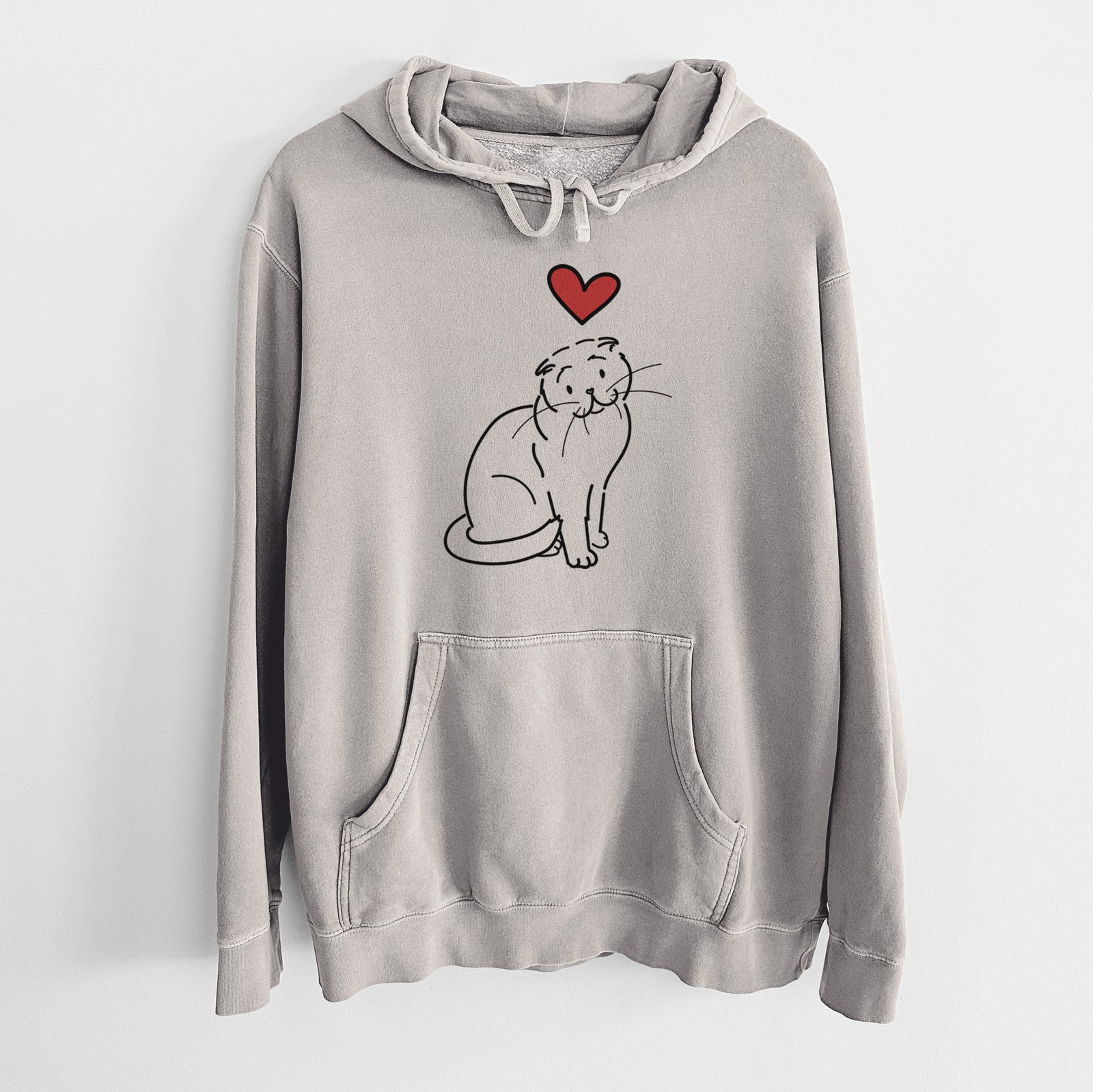 Minimalist line drawing of Hank the Scottish Fold Cat with a red heart on a Cement Unisex pigment dyed hoodie