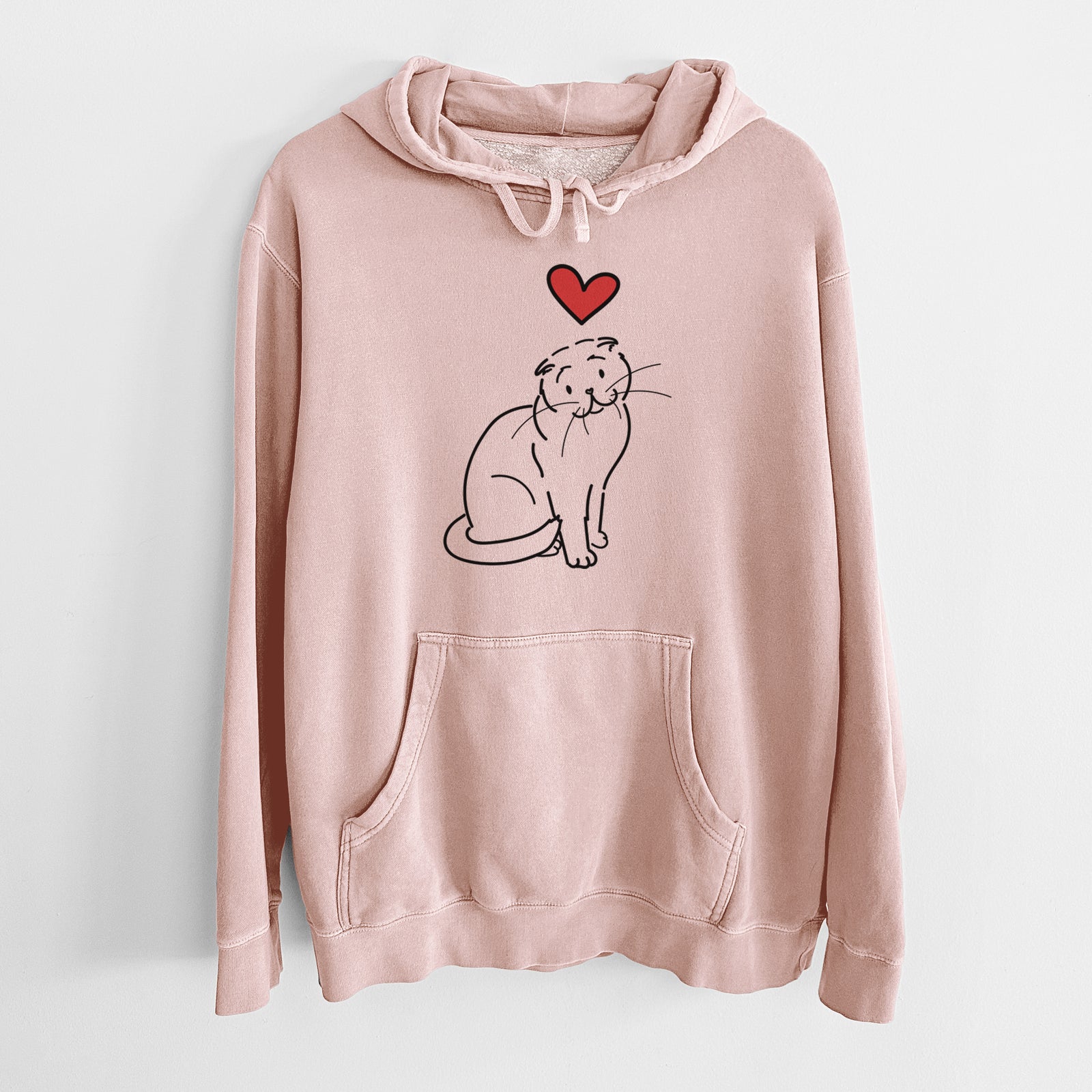 Minimalist line drawing of Hank the Scottish Fold Cat with a red heart on a Dusty Pink Unisex pigment dyed hoodie