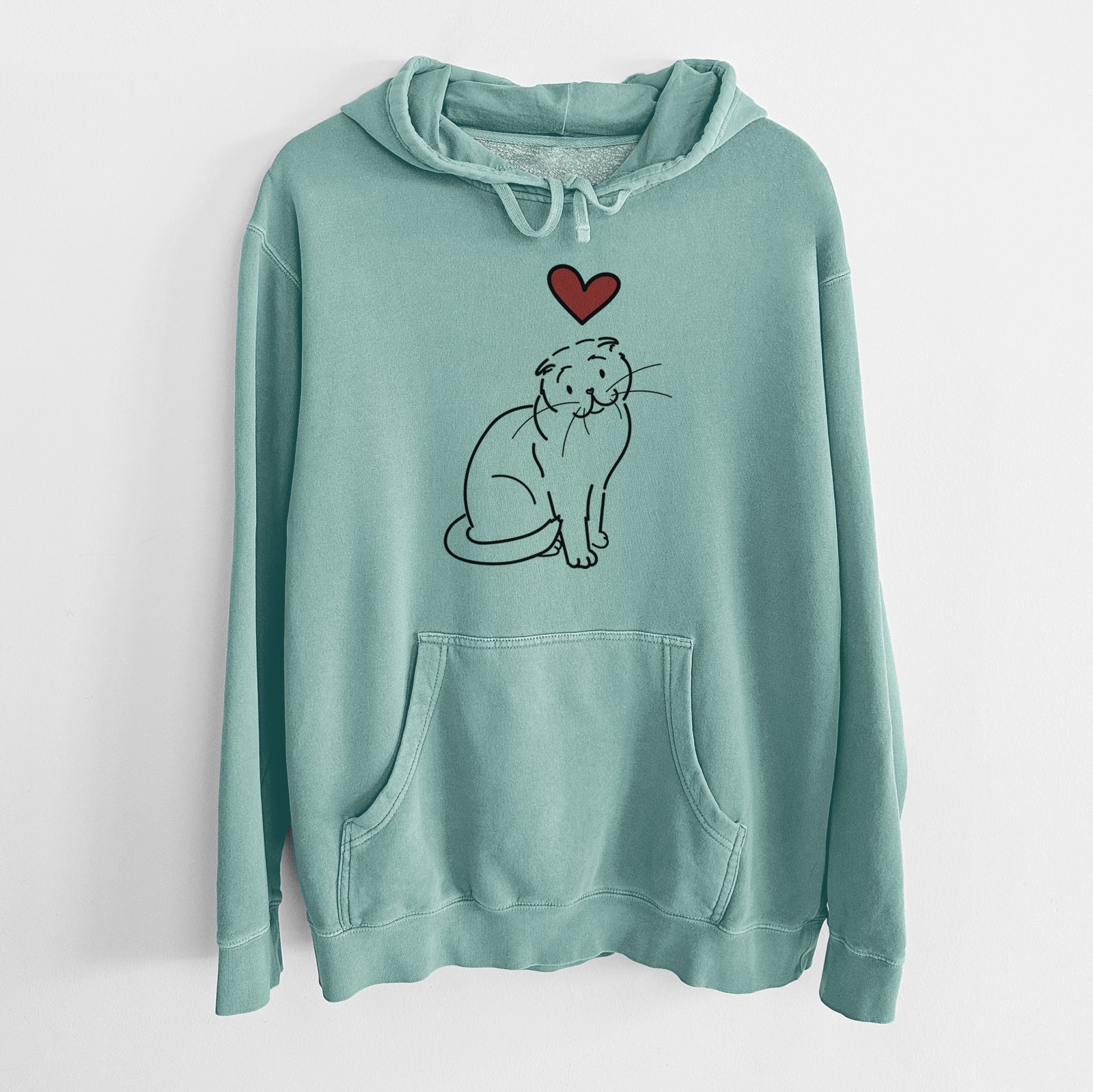 Minimalist line drawing of Hank the Scottish Fold Cat with a red heart on a Mint Unisex pigment dyed hoodie