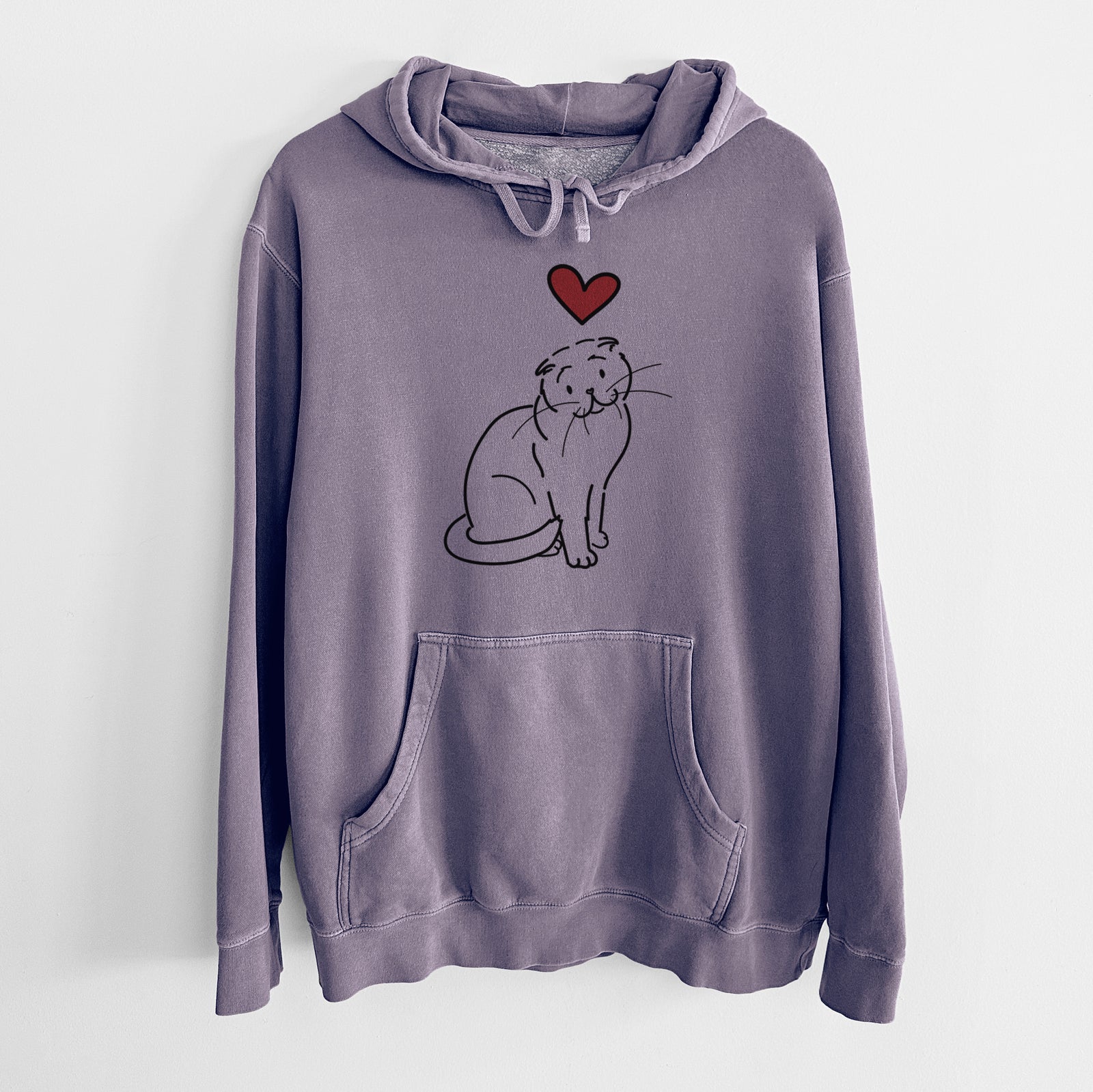 Minimalist line drawing of Hank the Scottish Fold Cat with a red heart on a Plum Unisex pigment dyed hoodie