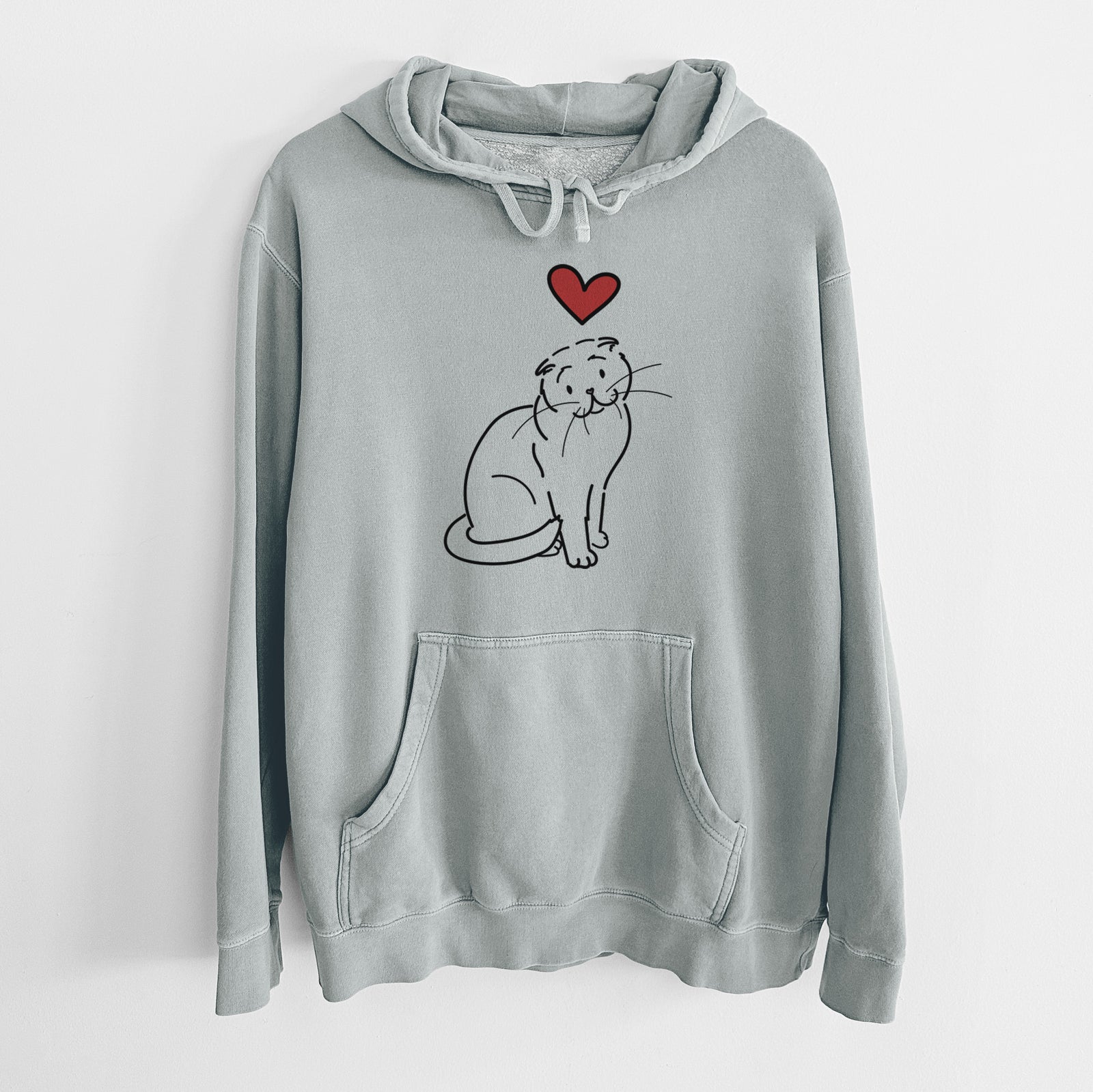 Minimalist line drawing of Hank the Scottish Fold Cat with a red heart on a Sage Unisex pigment dyed hoodie