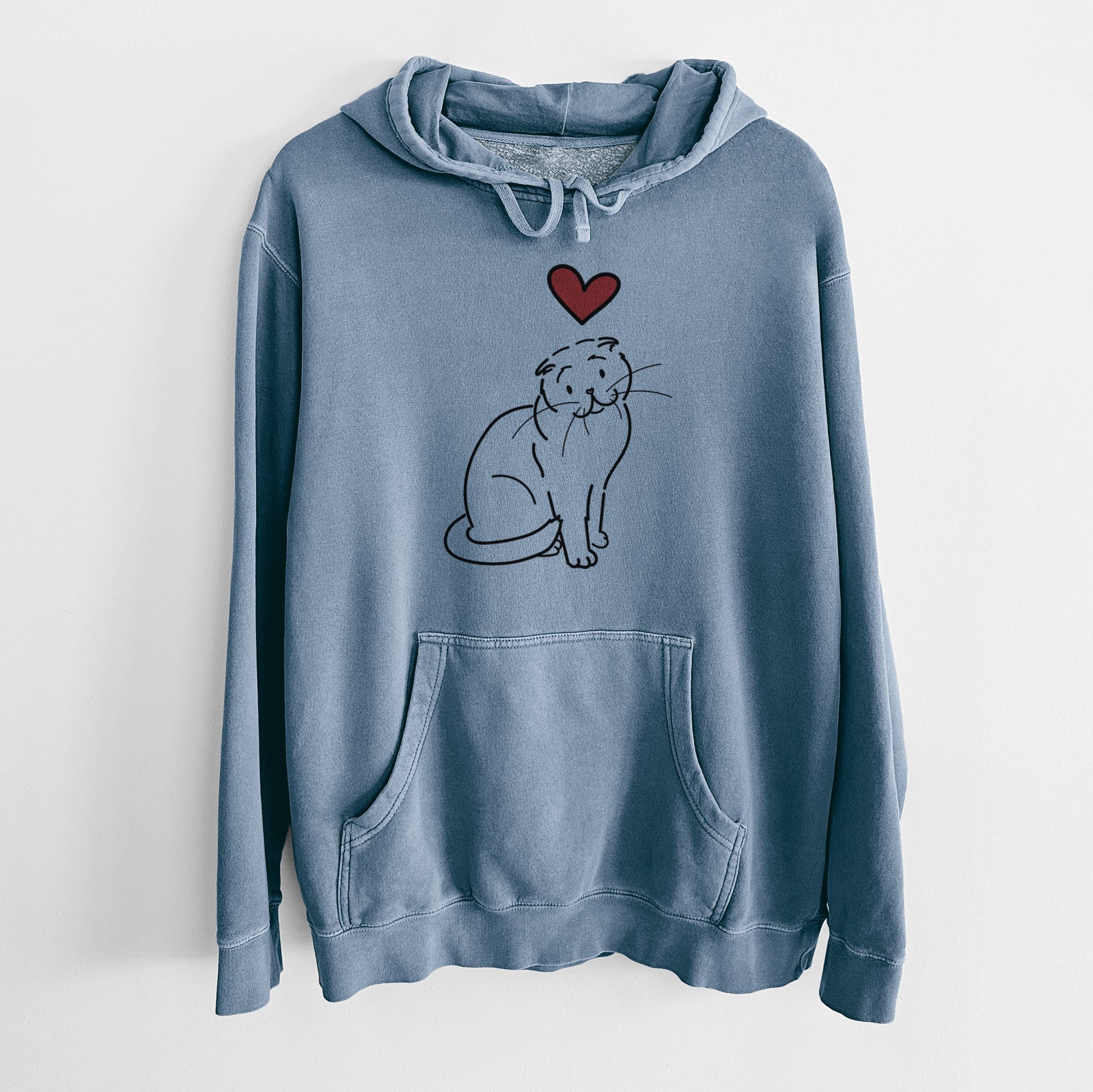 Minimalist line drawing of Hank the Scottish Fold Cat with a red heart on a Slate Blue Unisex pigment dyed hoodie