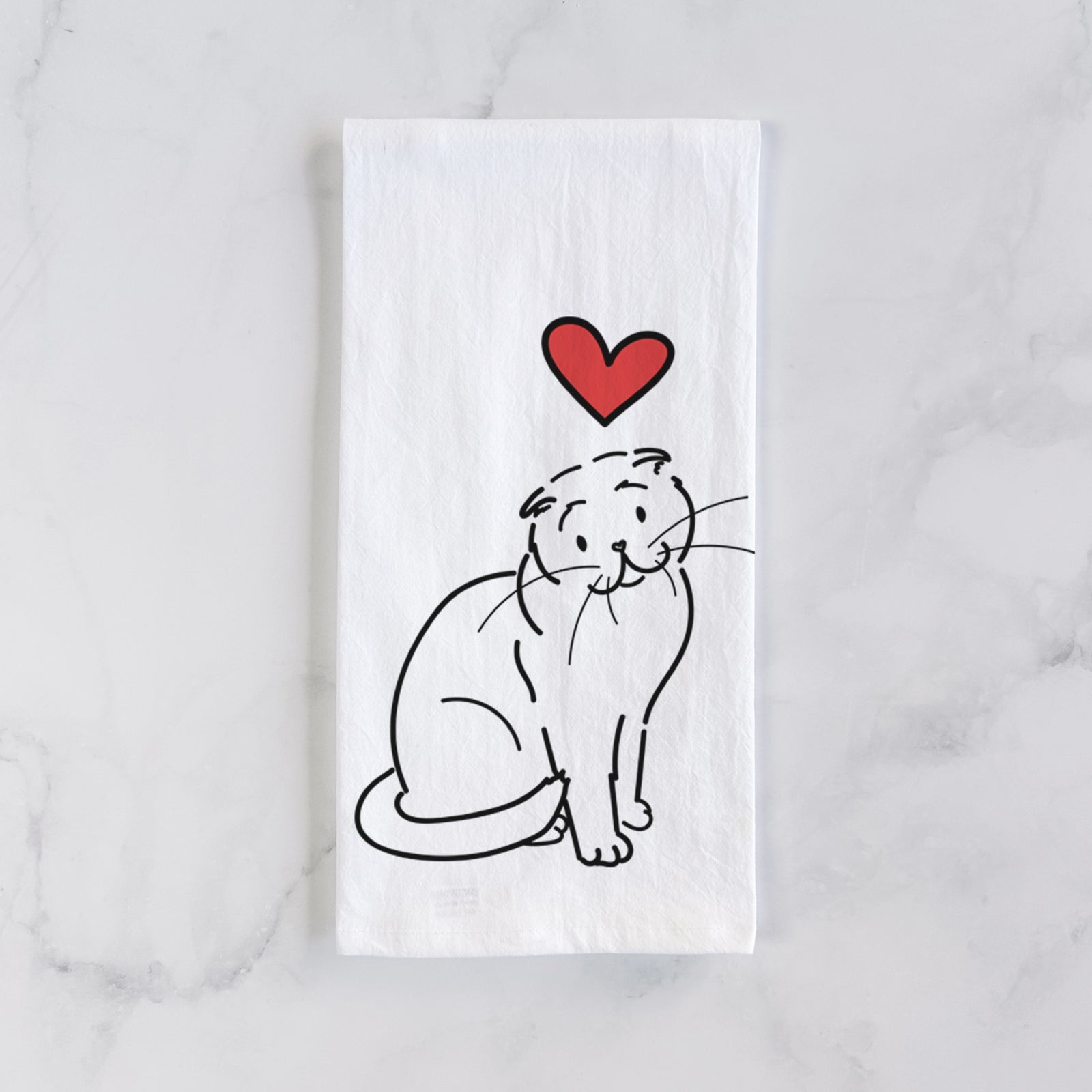 Minimalist line drawing of Hank the Scottish Fold Cat with a red heart on a tea towel