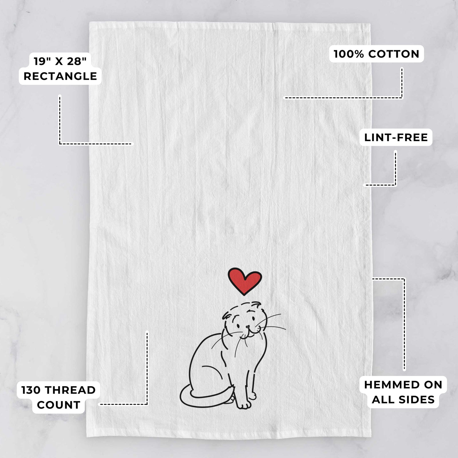 Minimalist line drawing of Hank the Scottish Fold Cat with a red heart on a tea towel, with feature callouts: 19 x 28 inch rectangle, 100% cotton, lint-free, 120 thread count, hemmed on all sides
