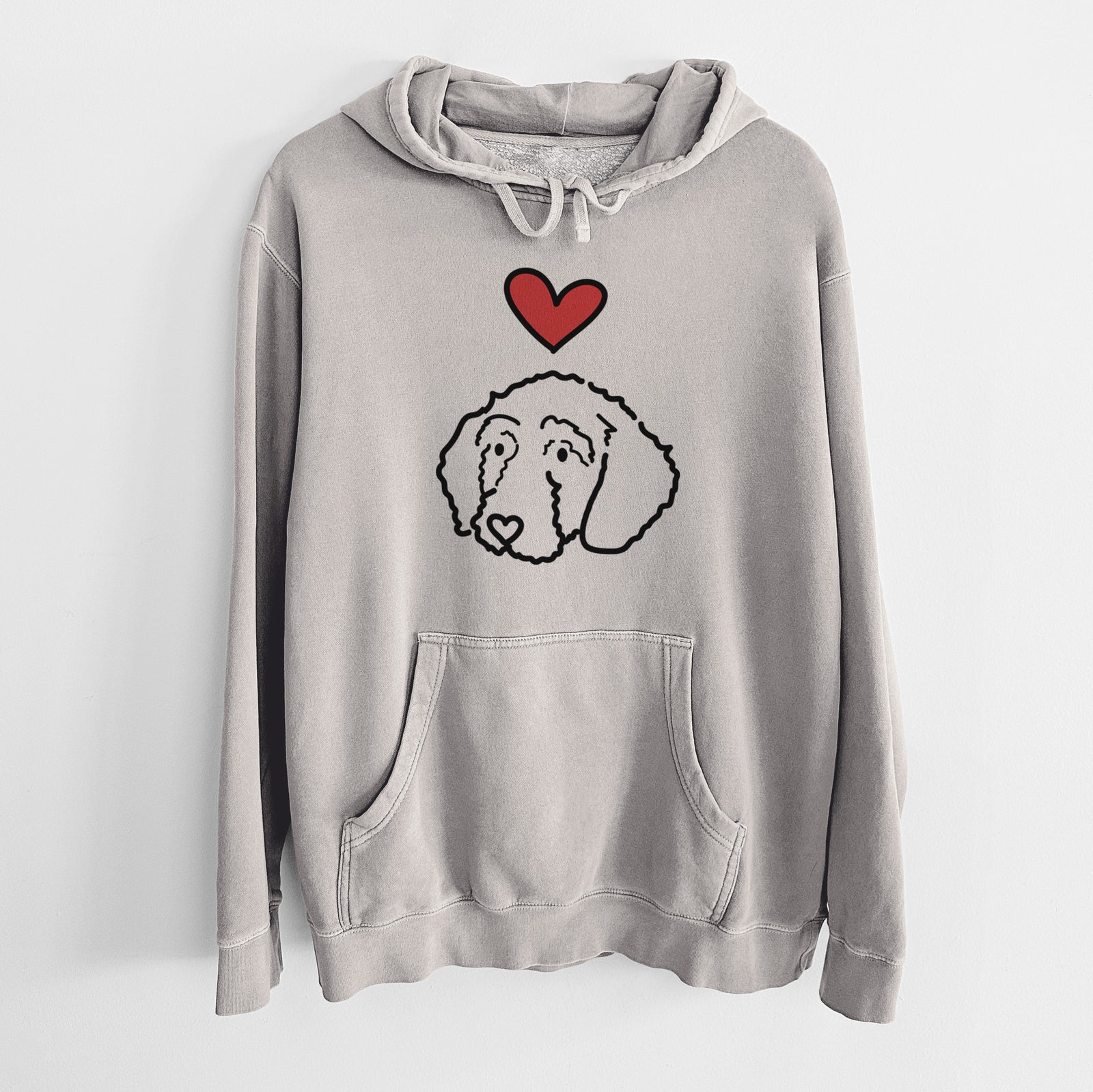 Minimalist line drawing of Hanna the Goldendoodle with a red heart on a Cement Unisex pigment dyed hoodie