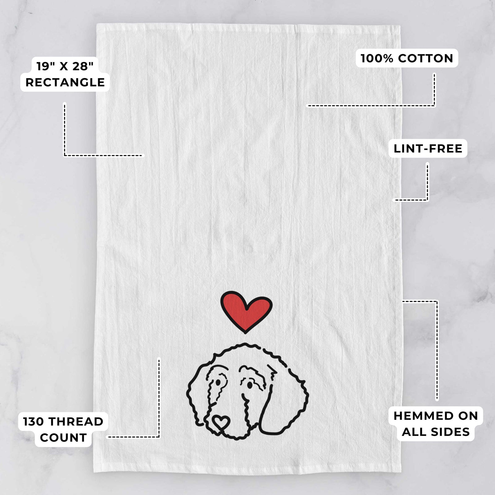 Minimalist line drawing of Hanna the Goldendoodle with a red heart on a tea towel, with feature callouts: 19 x 28 inch rectangle, 100% cotton, lint-free, 120 thread count, hemmed on all sides