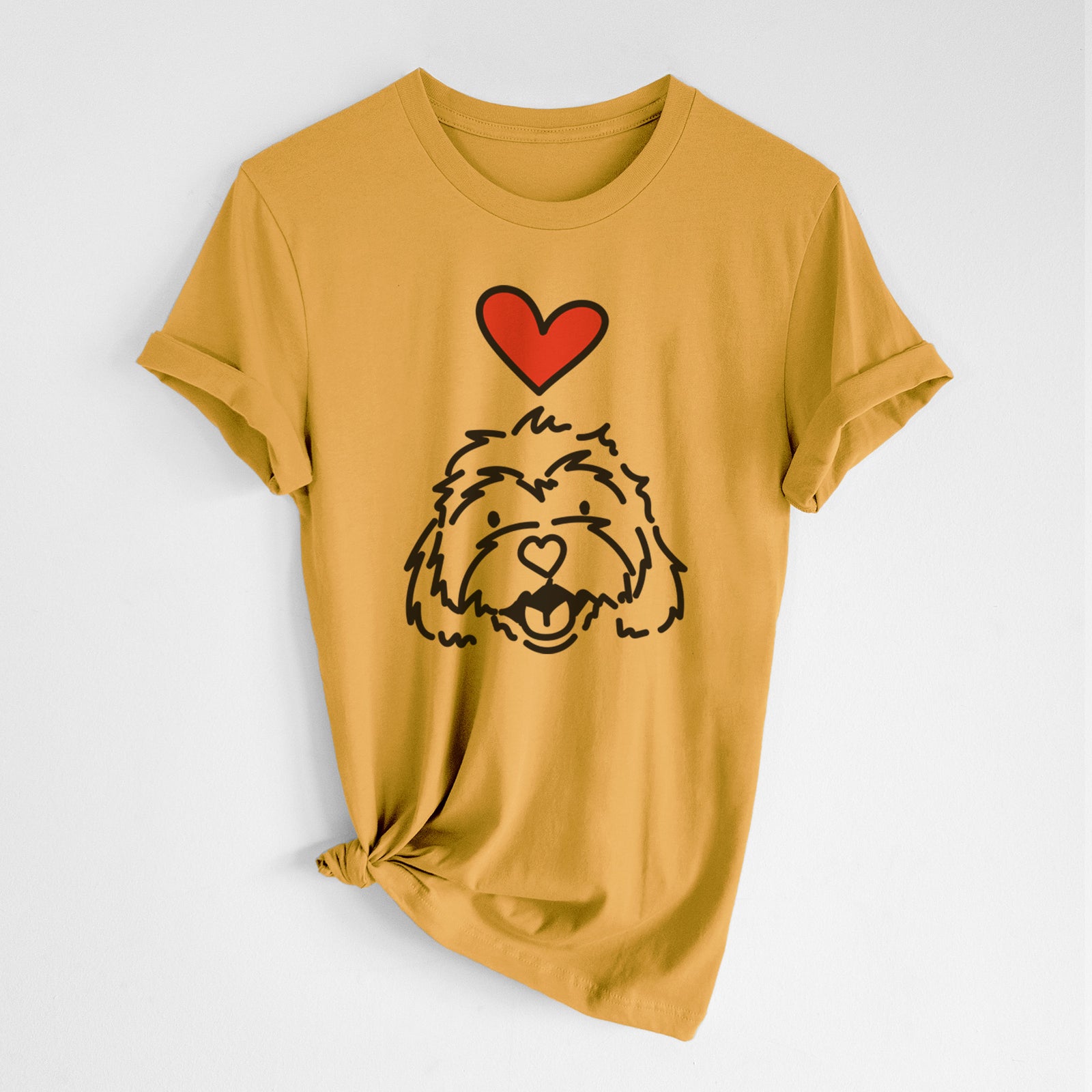 Minimalist line drawing of Harry the Cavachon with a red heart on a Honeycomb Unisex crewneck, worn by a woman