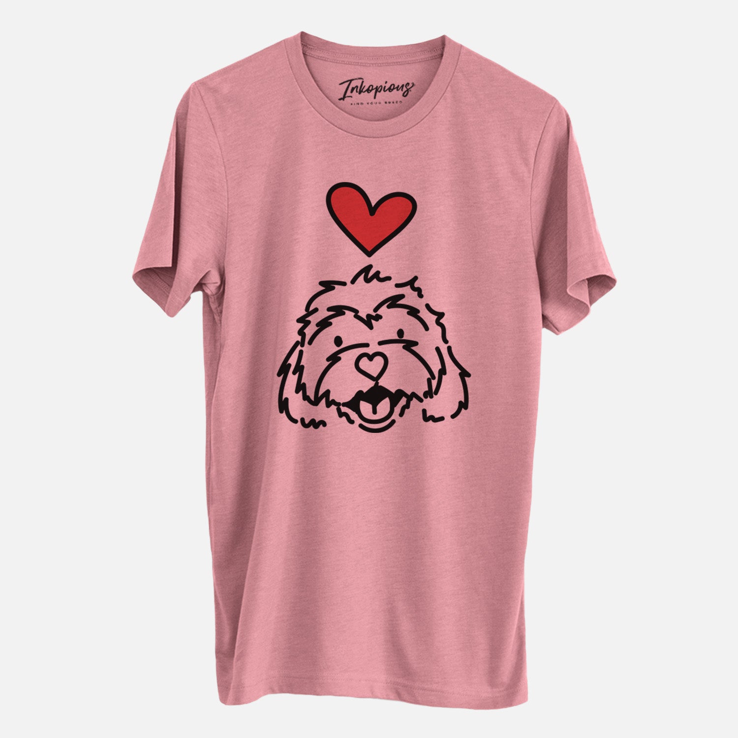 Minimalist line drawing of Harry the Cavachon with a red heart on a Mauve Unisex crewneck, worn by a man