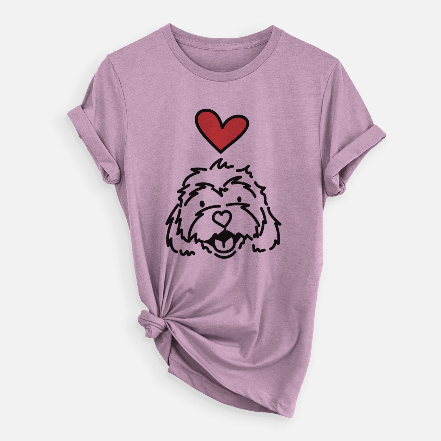 Minimalist line drawing of Harry the Cavachon with a red heart on an Orchid Unisex crewneck, worn by a woman