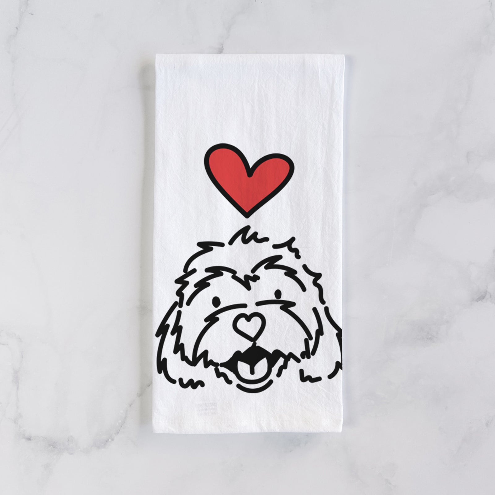 Minimalist line drawing of Harry the Cavachon with a red heart on a tea towel