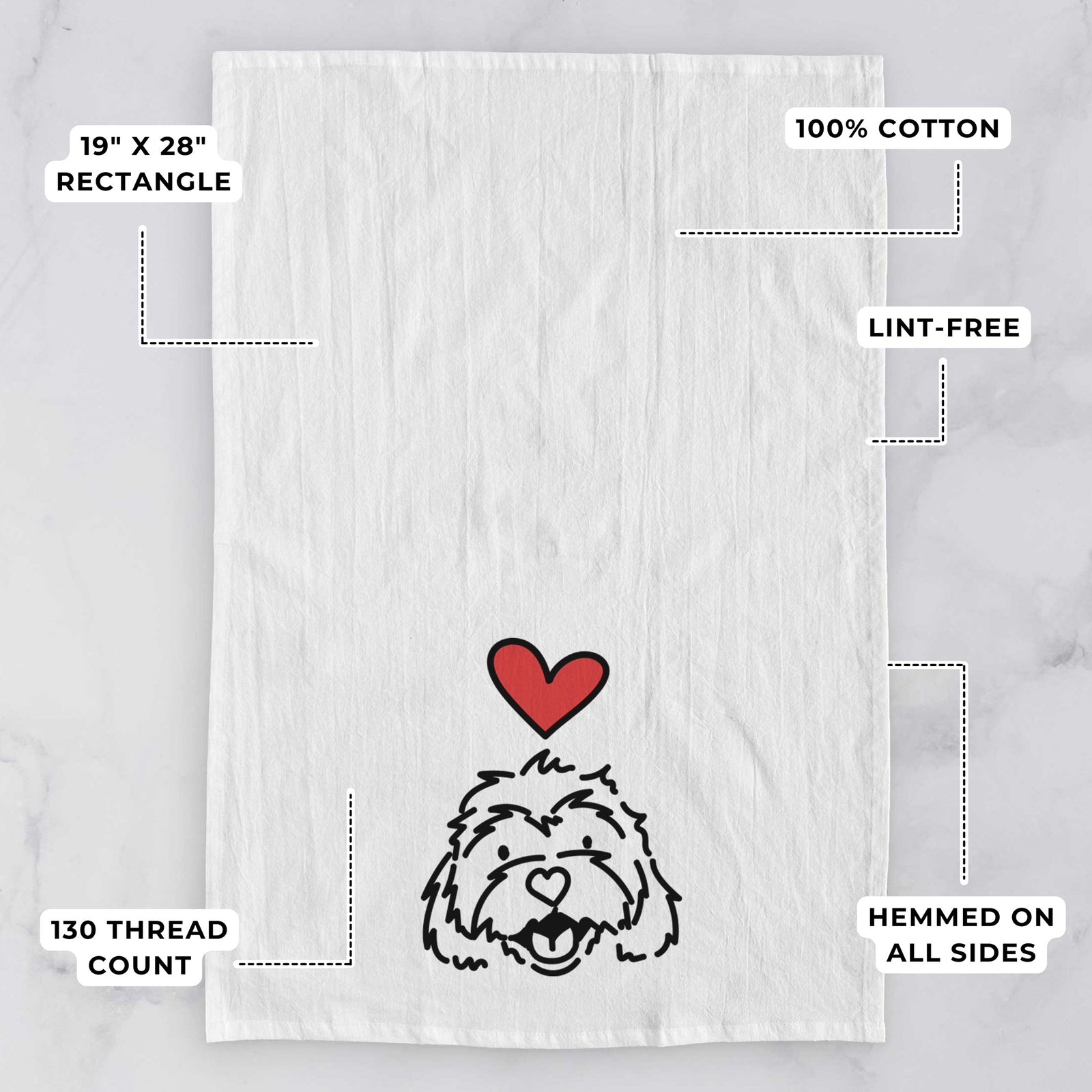Minimalist line drawing of Harry the Cavachon with a red heart on a tea towel, with feature callouts: 19 x 28 inch rectangle, 100% cotton, lint-free, 120 thread count, hemmed on all sides
