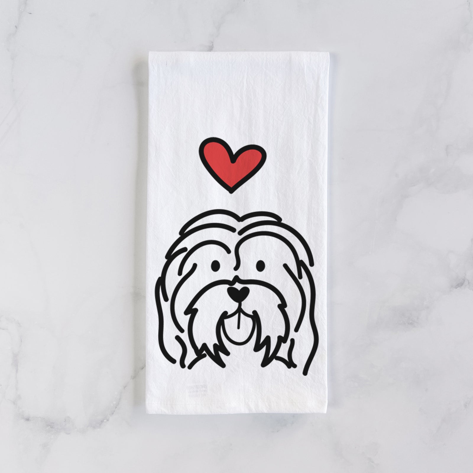 Minimalist line drawing of a Havanese with a red heart on a tea towel