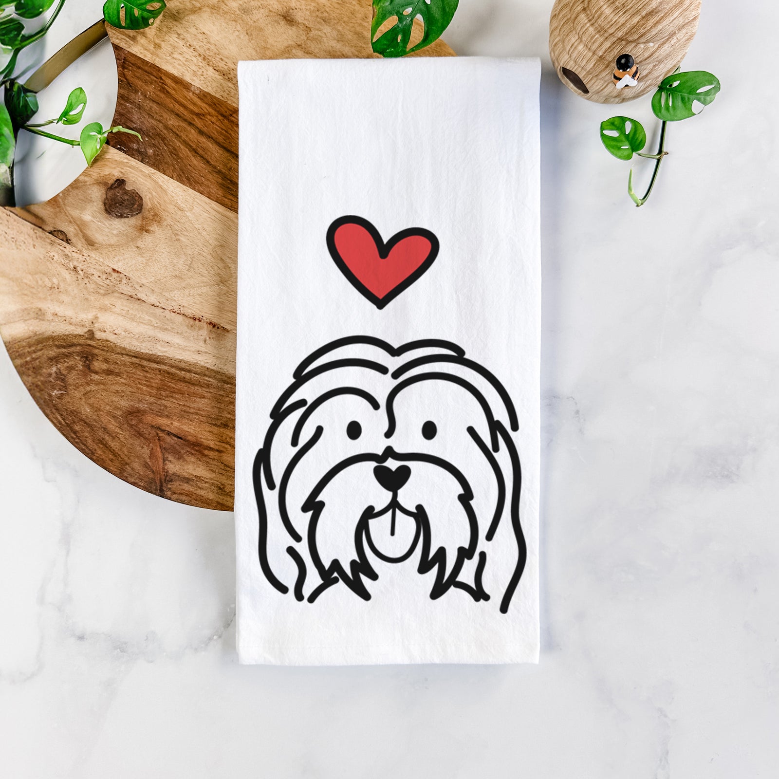 Minimalist line drawing of a Havanese with a red heart on a tea towel