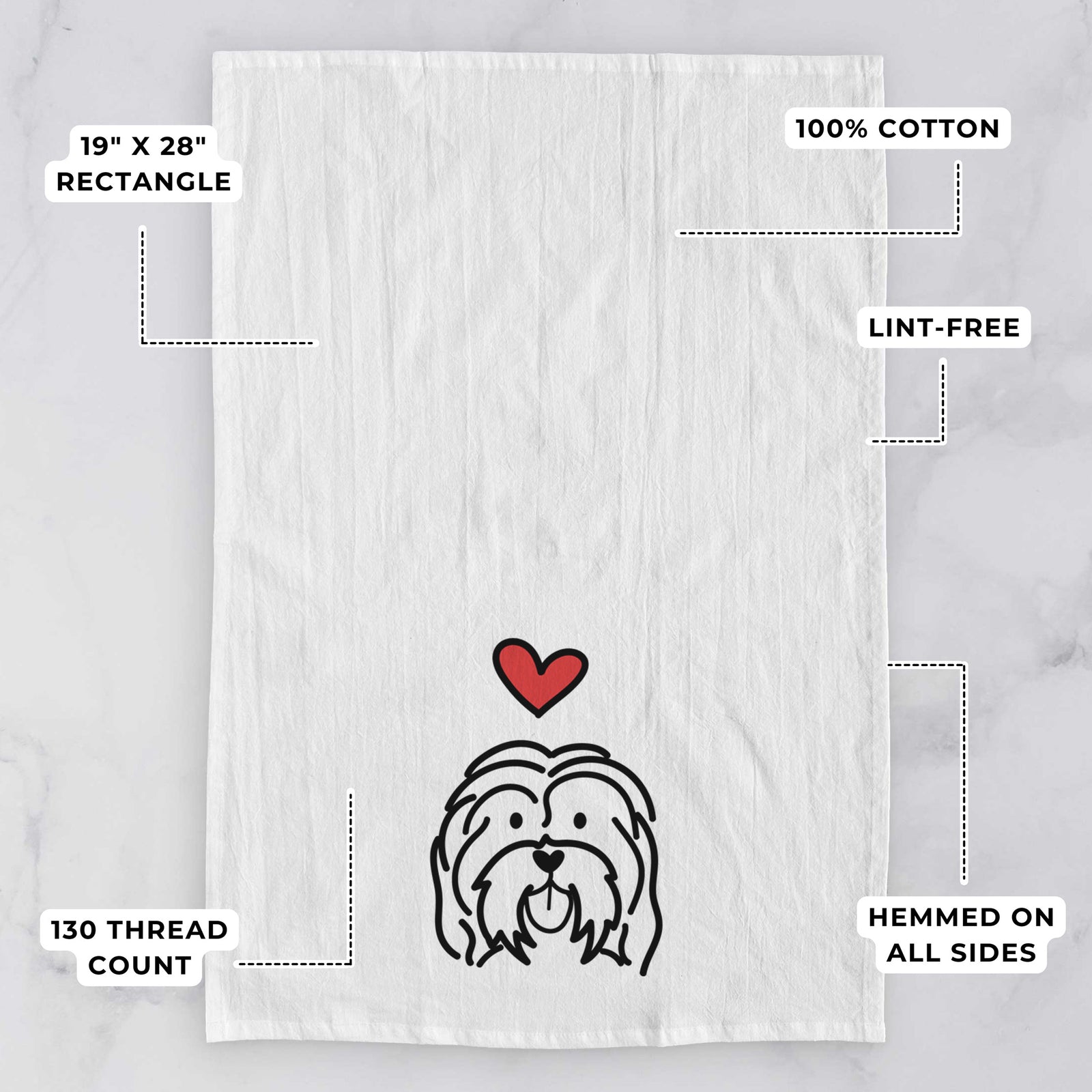 Minimalist line drawing of a Havanese with a red heart on a tea towel, with feature callouts: 19 x 28 inch rectangle, 100% cotton, lint-free, 120 thread count, hemmed on all sides