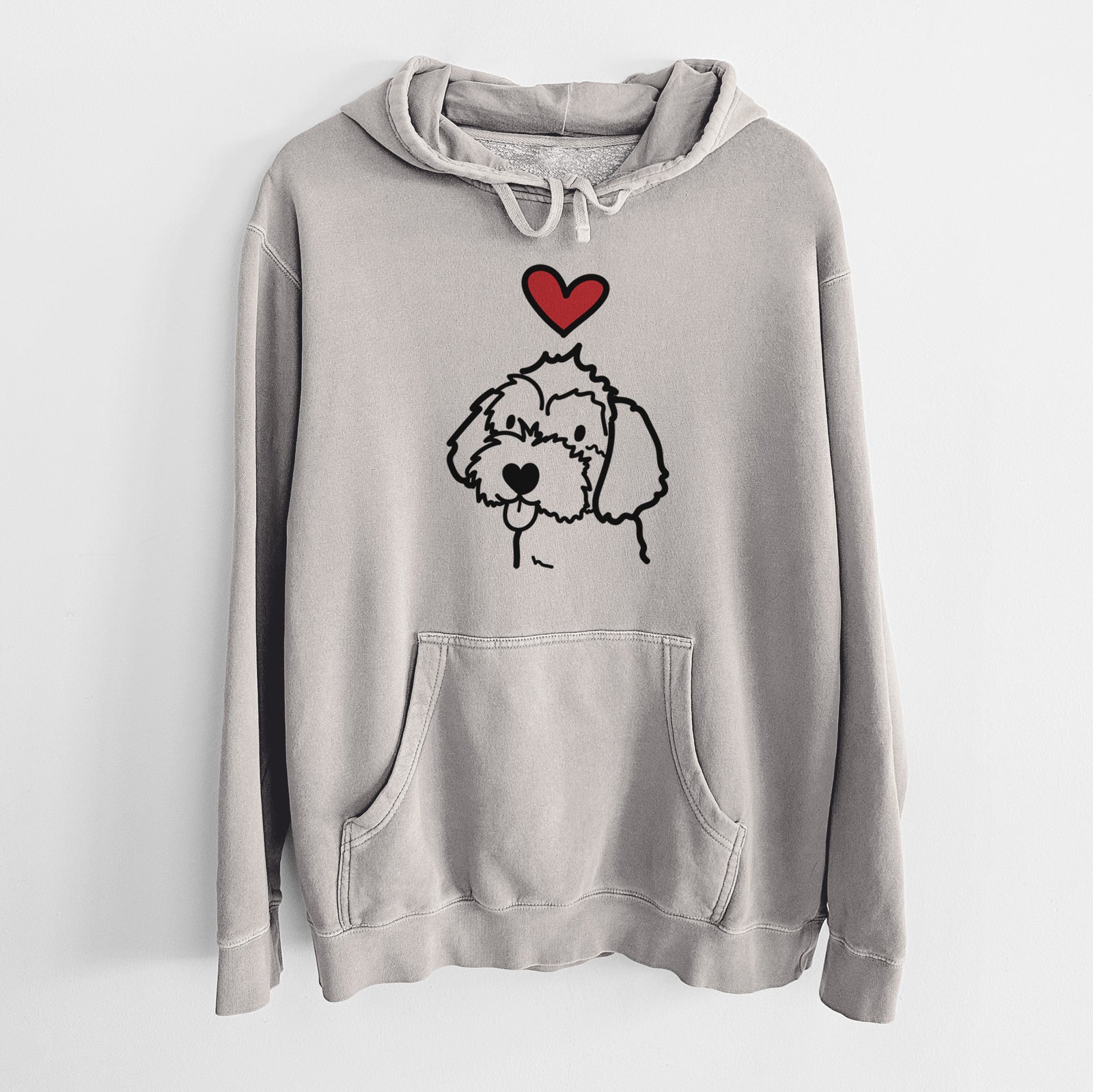 Minimalist line drawing of a Havapoo with a red heart on a Cement Unisex pigment dyed hoodie