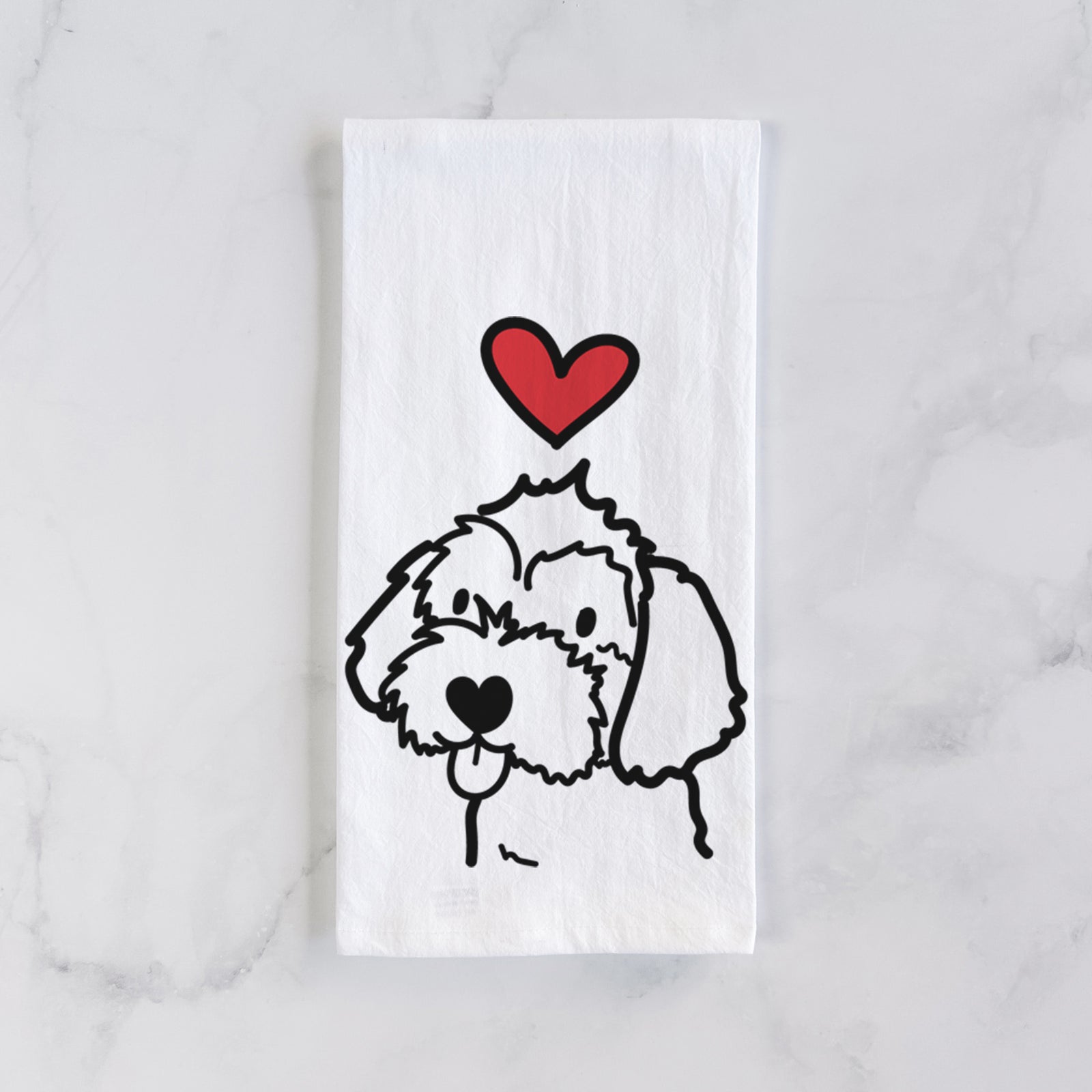 Minimalist line drawing of a Havapoo with a red heart on a tea towel