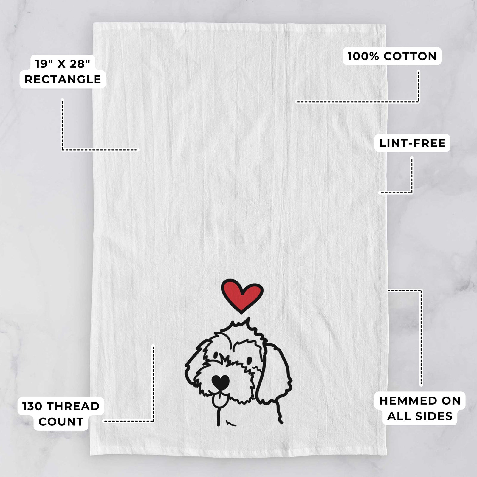 Minimalist line drawing of a Havapoo with a red heart on a tea towel, with feature callouts: 19 x 28 inch rectangle, 100% cotton, lint-free, 120 thread count, hemmed on all sides