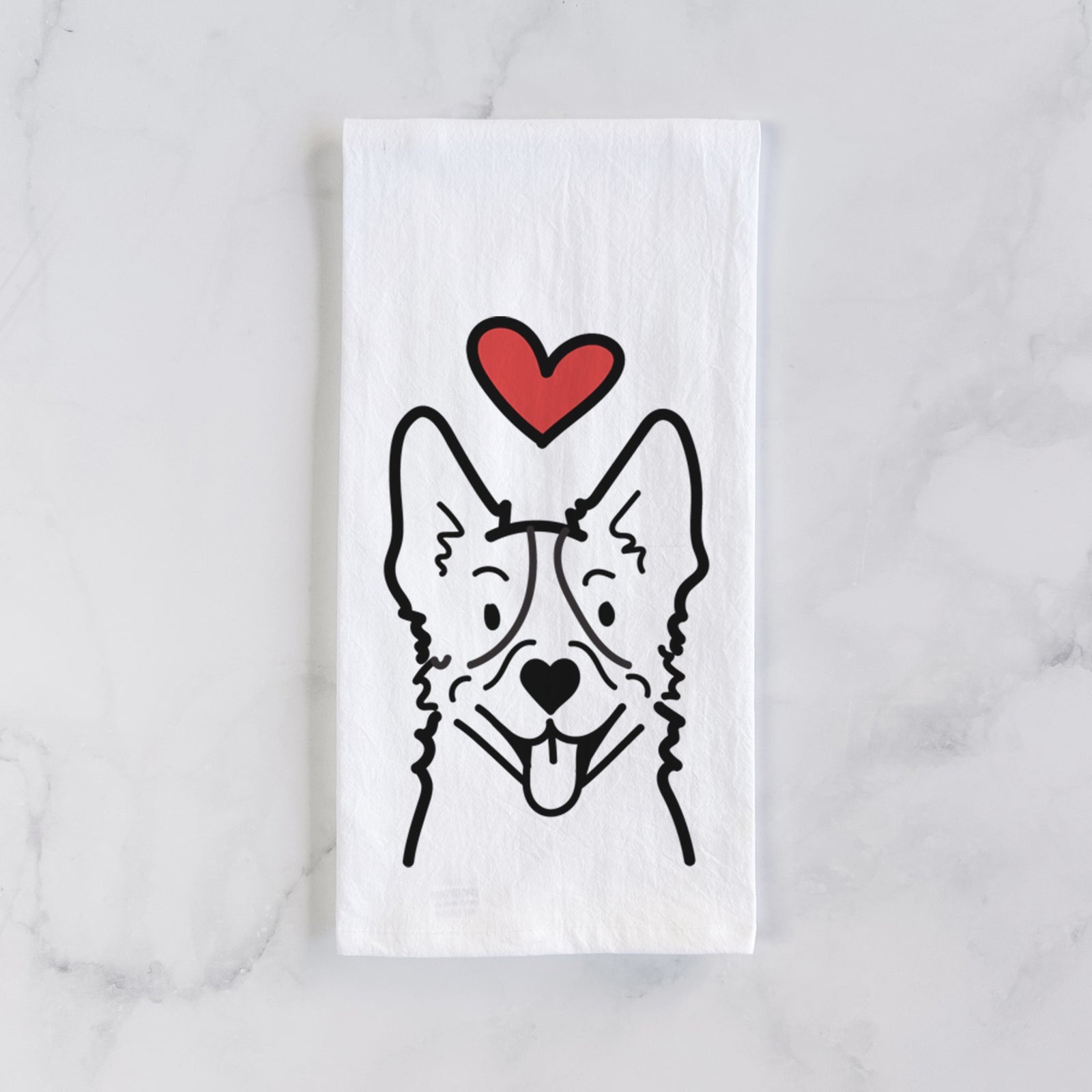 Minimalist line drawing of a Heeler with a red heart on a tea towel