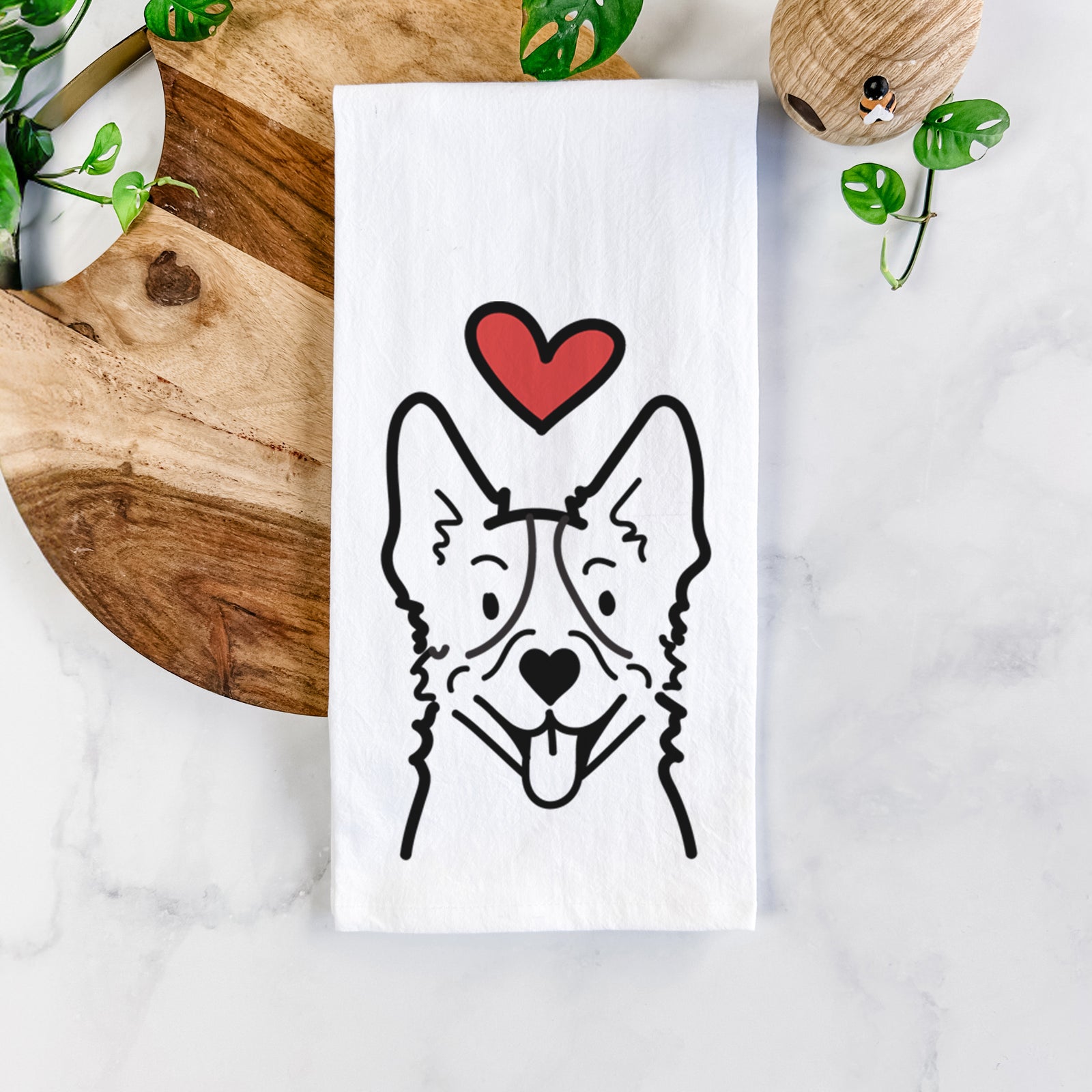 Minimalist line drawing of a Heeler with a red heart on a tea towel