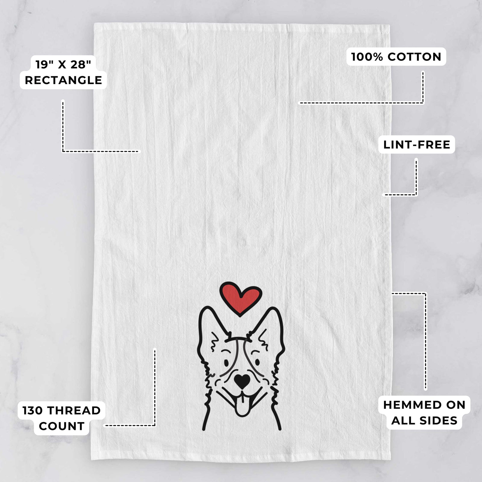 Minimalist line drawing of a Heeler with a red heart on a tea towel, with feature callouts: 19 x 28 inch rectangle, 100% cotton, lint-free, 120 thread count, hemmed on all sides