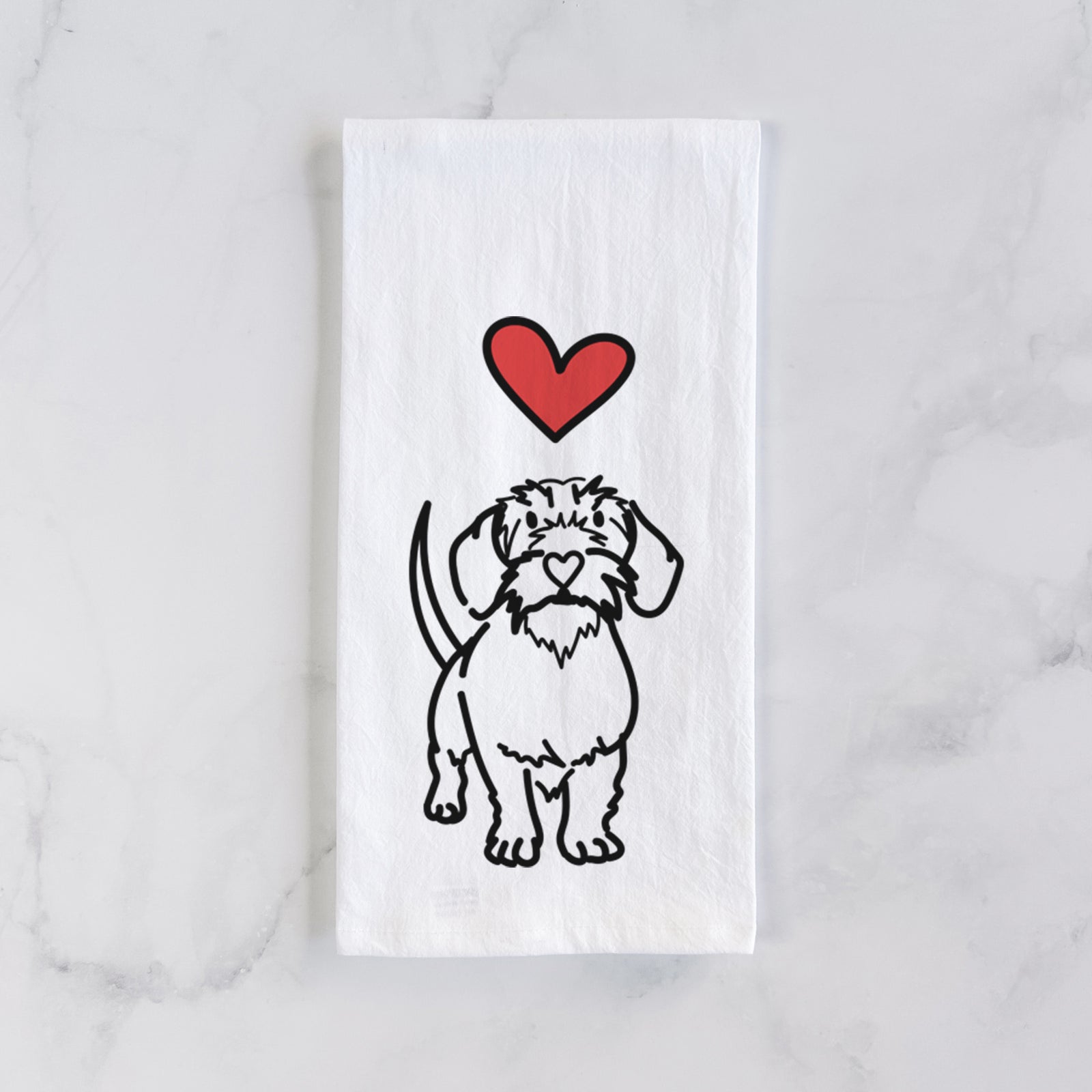 Minimalist line drawing of Henry the Wire Dachshund with a red heart on a tea towel